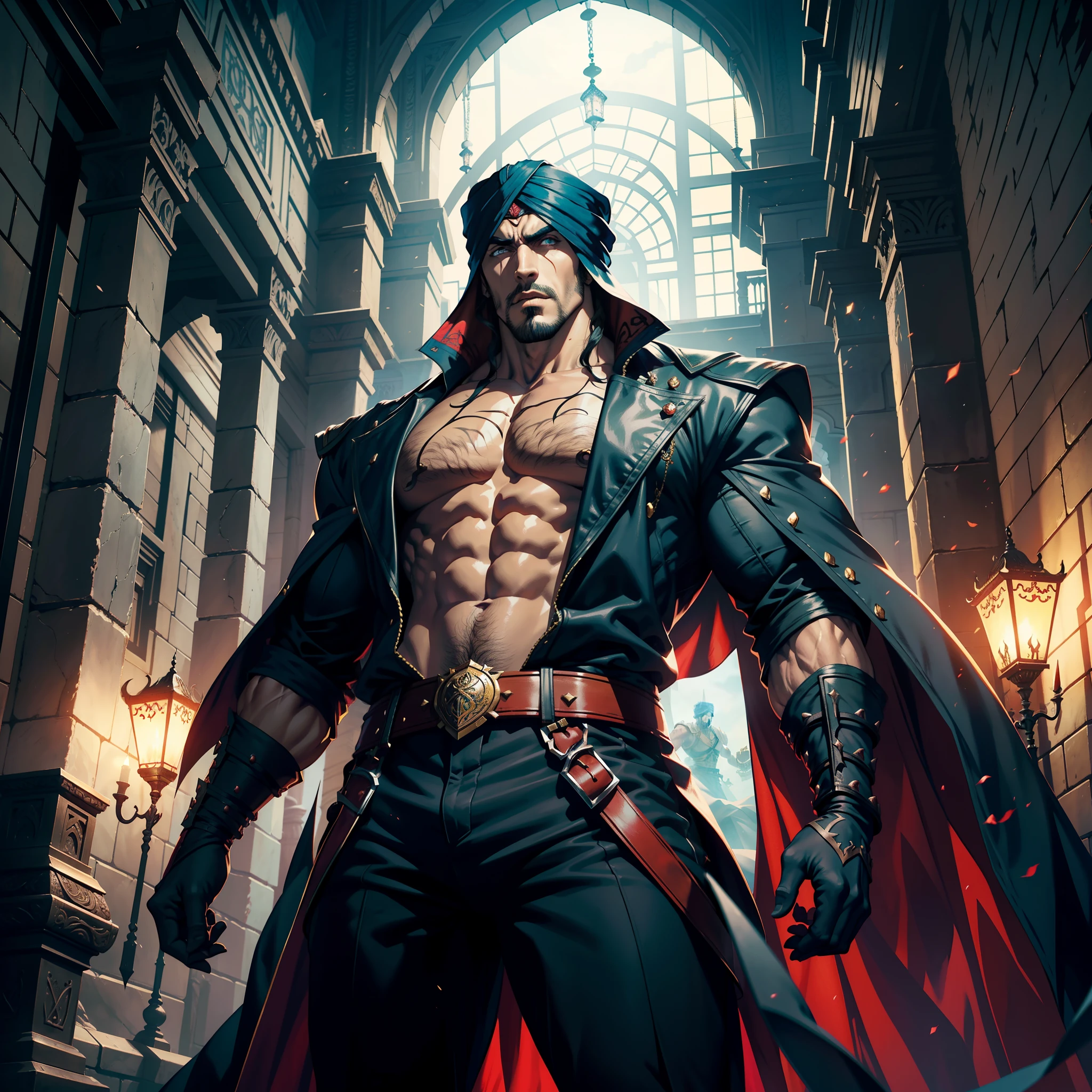 Castlevania Hyper Realistic Lord of Shadows Super Detailed Moroccan Arabic Lord Dracula Muscular Hokuto no Ken kenshiro , fearless, Handsome Scary Man Raised Moroccan Islamic Turban Castlevania Shadow Lords Leading Troops Armed with Demons