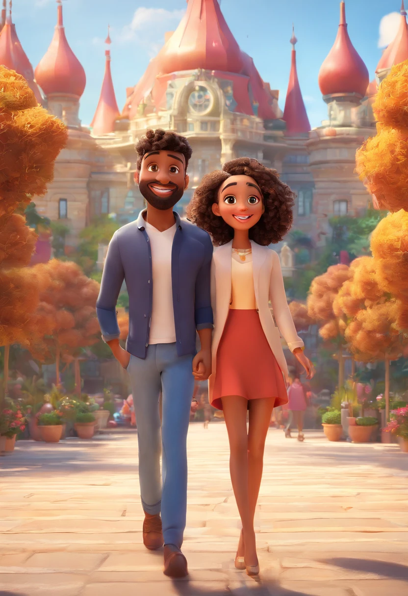 An illustration of an adorable couple in a park with a lake in the background, Highlight for a mulatto man with a serious beard and a woman with beautiful expressive eyes - the man's skin is mulatto and the man's hair is slightly curled, The woman's skin is white and the woman's hair is wavy red. They are a bright room, cada um com um sorriso no rosto, e compartilhar um momento especial caracterizado pelo amor, Insights. Illustrate this scene from a perspective where they are facing the camera, Smiling and Showing Your Connection. Desenvolva esta arte em Full HD, Focus on your cinematic touch, Estilo Disney Pixar Animations