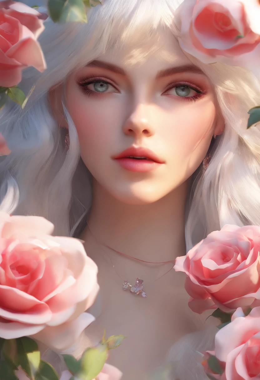 realistic, 1girl, white hair, purple eyes, glowing eyes, parted lips, blush, night, flowers, sun, sunlight, White thong panties and white translucent bra