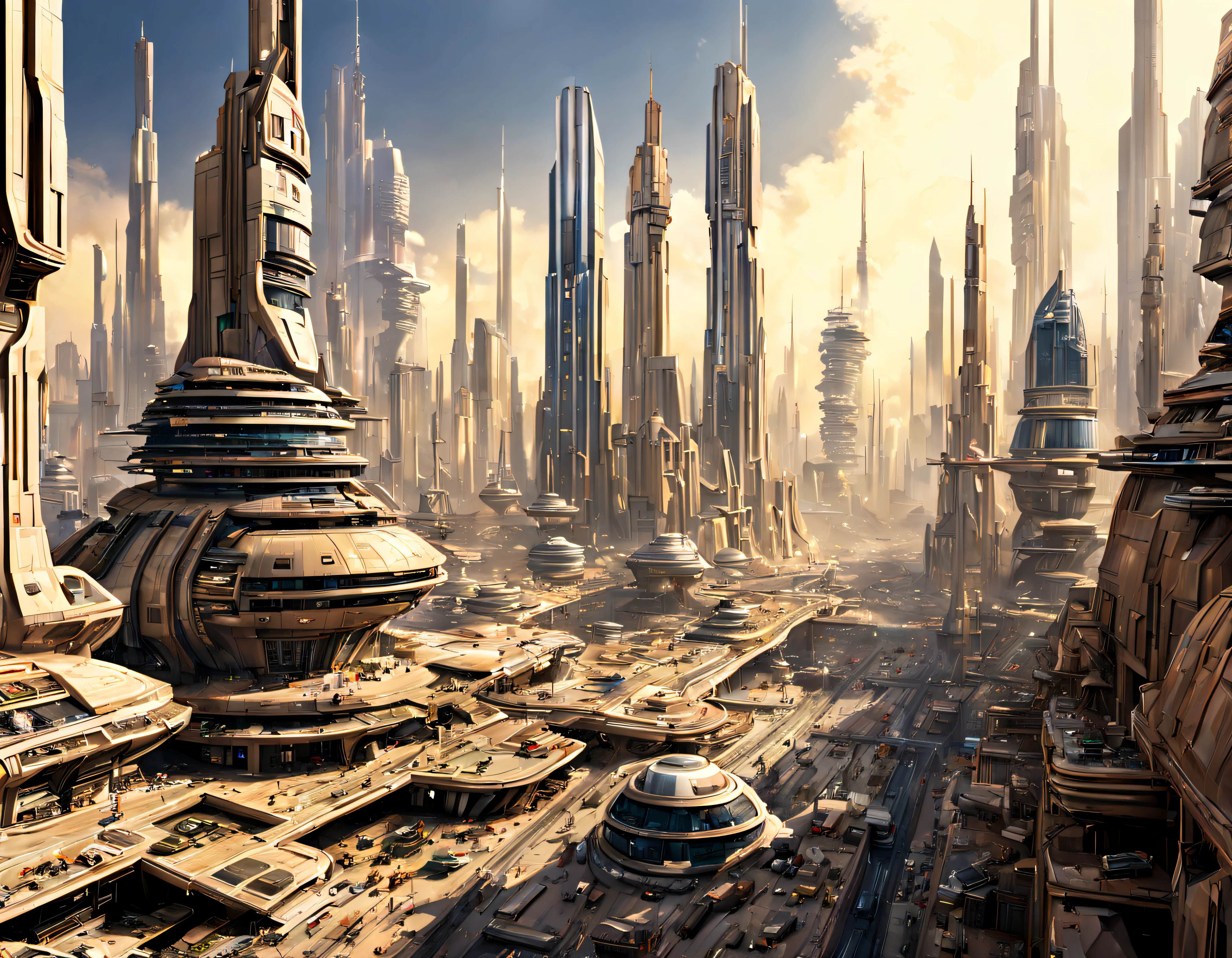 ((The city of Coruscant from Star Wars as designed by Doug Chiang)), futuristic fantasy city with immense buildings of technological design (que forman una avenida infinita), edificios compactor no difuminados, con estructuras acristaladas espectaculares, (con colores vivos y vibrantes). pavimento ensolado (sin brillo). gente paseando. imagen bien definida con muchos edificios juntos. imagen nitida bien definida 8k. los edificios llegan alta el fondo.,8k. imagen cinematografica.