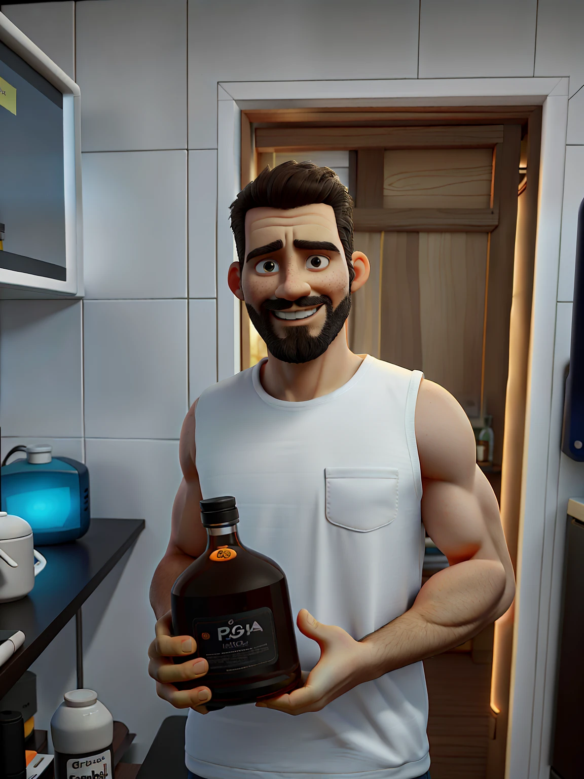 A 36-year-old white man, sin gafas, ni bigote. De pie al frente, iluminado por la luz de la cocina, He holds a bottle of Flor de Caña rum. Con la nevera al lado y cosas de despensa al otro lado.