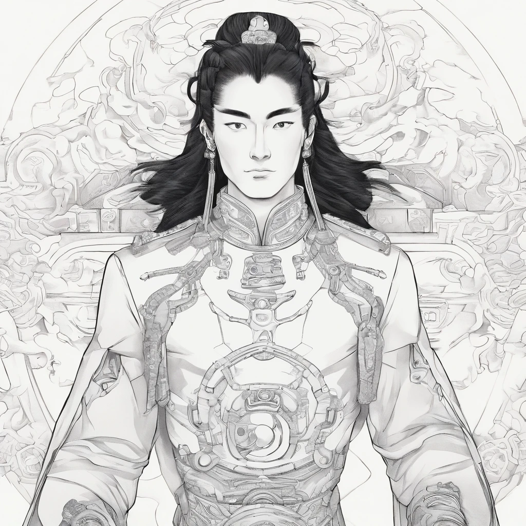 (Masterpiece),(Best quality:1.0), (超高分辨率:1.0), Detailed illustration, 8K, anime, 1. Ancient Chinese men,hair messy,The face is white,Wearing a nine-splendid embroidered drape,Holding a Fuxi qin,Sallow complexion,Eyebrows are clear,Tall,Muscle lines are pronounced,Standing on a high mountain