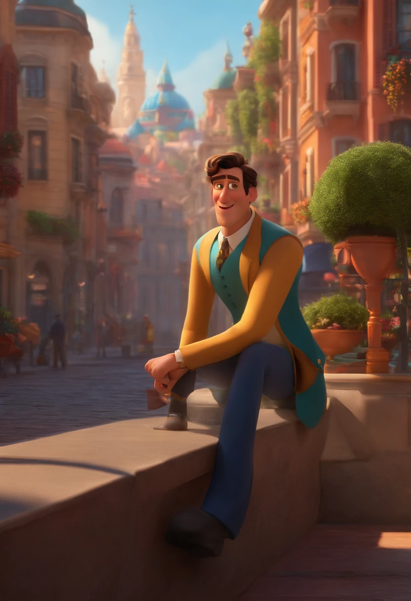 A city councilman looking at a dream project inspired by Pixar animation, de perto. The character takes center stage with captivating facial expressions, oferecendo um toque de irrealidade