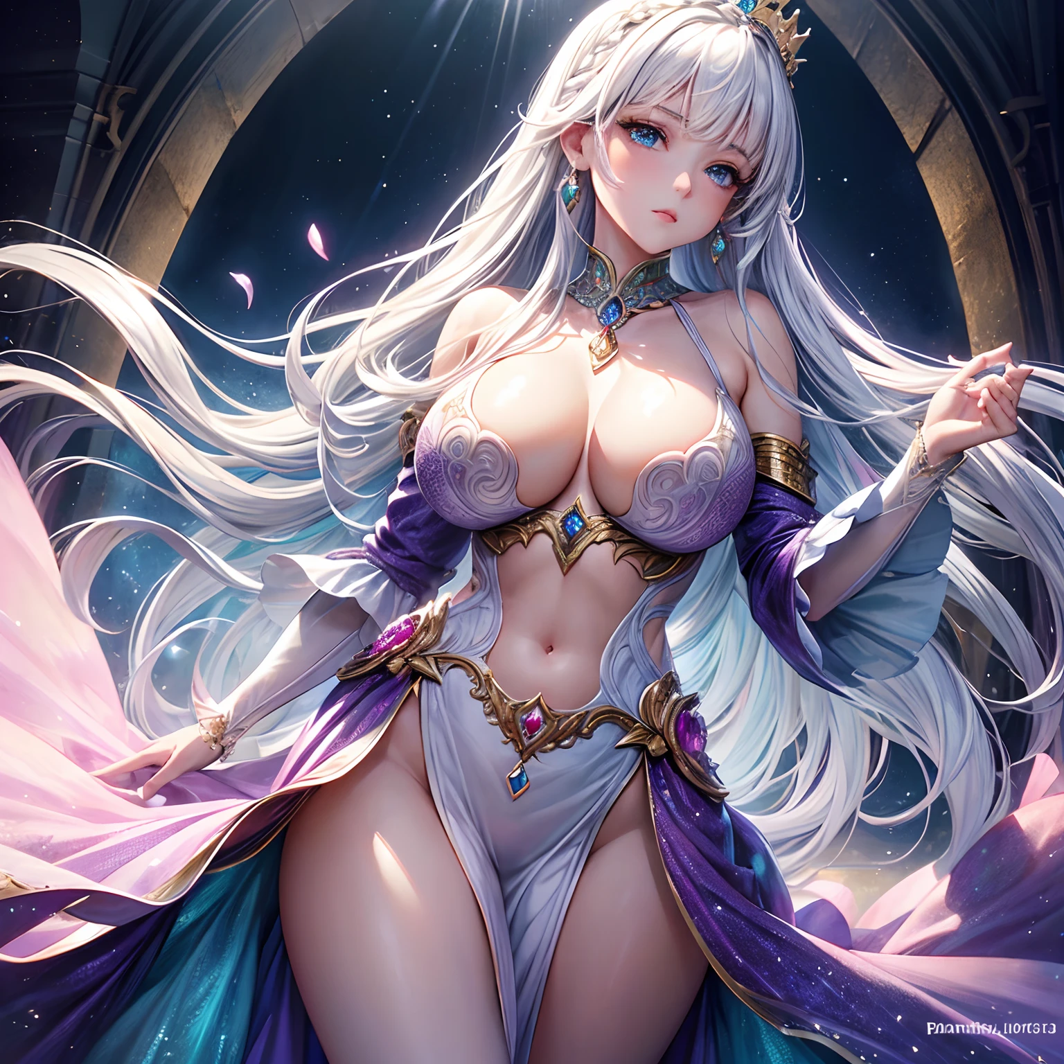 finest image, (8k, RAW photo, realistic), detailed and delicate depiction and flashy and dynamic painting method, beautiful princess, white braided bangs hair, blue big eyes, amorous expression, lewd expression, huge breasts, under boobs, side boobs, abs, slender, perfect proportion, brilliant platinum plated crown, dress made of (diamonds crystals pink-sapphires emeralds aquamarines amethysts rainbow-moonstones white-opals), background shining golden dragon embroidery on sparkling silver plated pillars of the royal palace