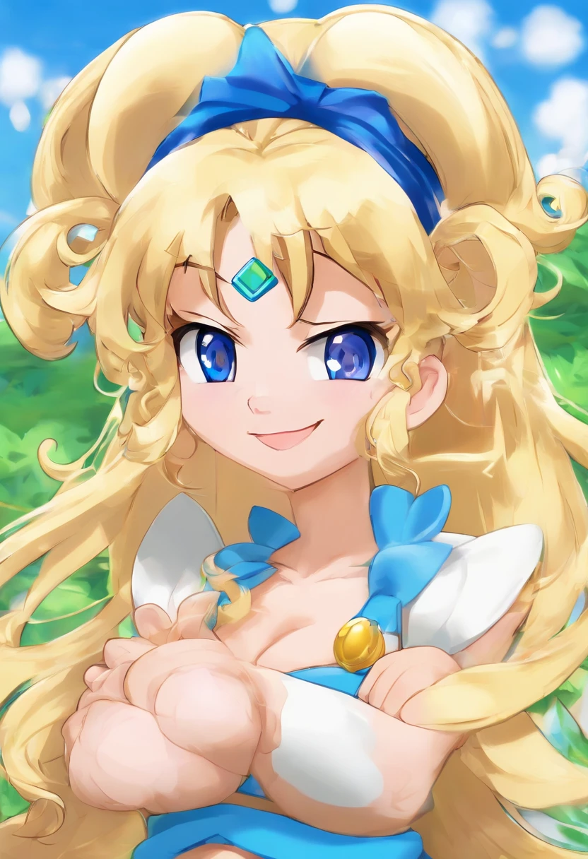 ((((Celes Chere)))), ((1little girl)), yo, (((Blonde longhair))), Hair elastic holds hair together, (Loosening perm), ((Forehead)), (((blue Hairband))), (black eyes), ((middle chest)), Soft skin, ((a beauty girl)), light skinned,
((no clothes)), (((no panties))), (((no bra))), (in hot spring), ((smile)), open mouth,
