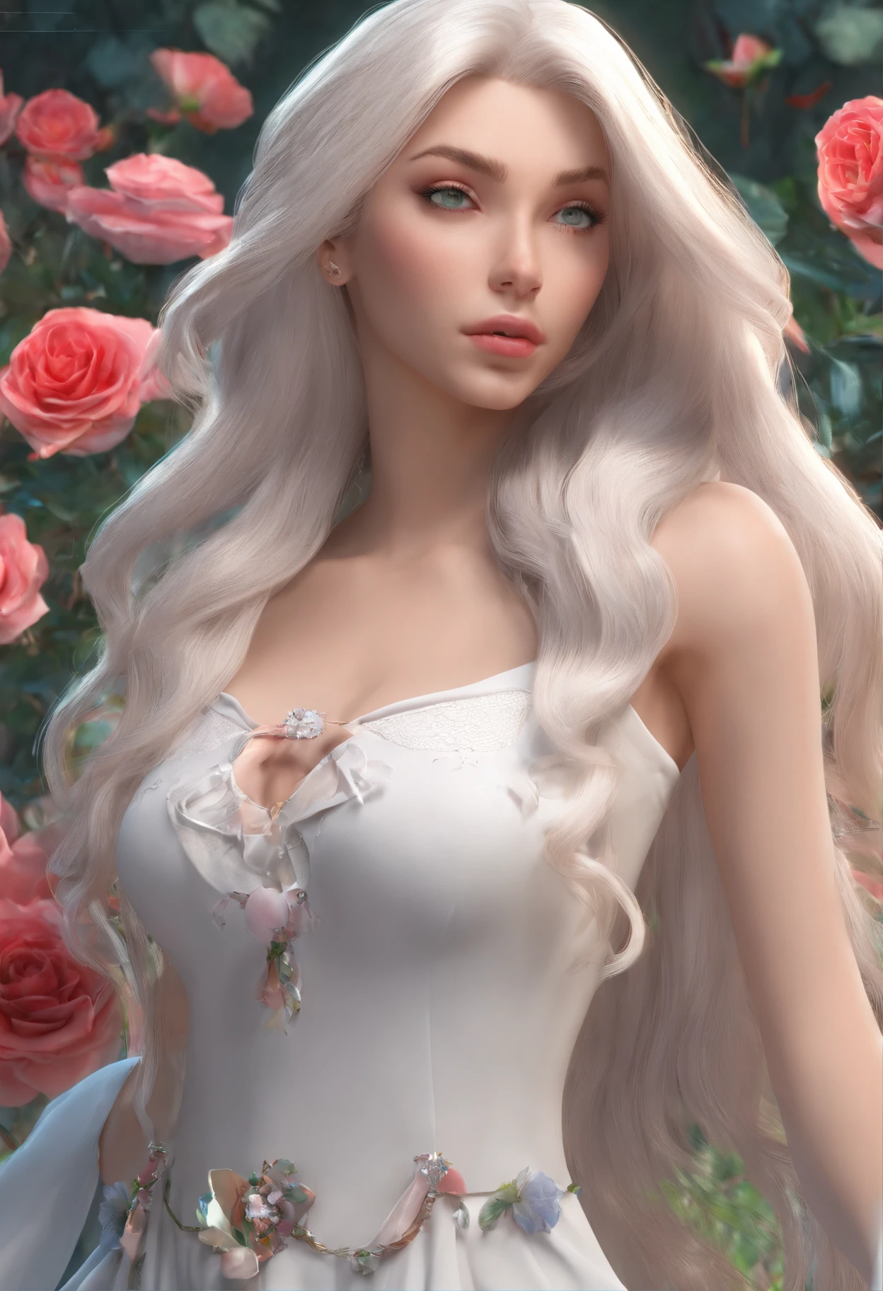 master part, extremely high quality, (foco sozinho), (rosto perfeito:1.1), (High detail:1.1), (olhos hiper detalhados), Dramatic, A guy with pale skin and long voluminous white hair, olhos brancos, sozinho, cabelos longos, Sephiroth, lua, Noite, terno de luxo branco, umbigo coberto, pouty lips, pele, arrogant expression, Jardim das Rosas, Antecedentes detalhados, Arte por Artgerm, Cinematic lighting, Roses, moda, BalenciagaStyle