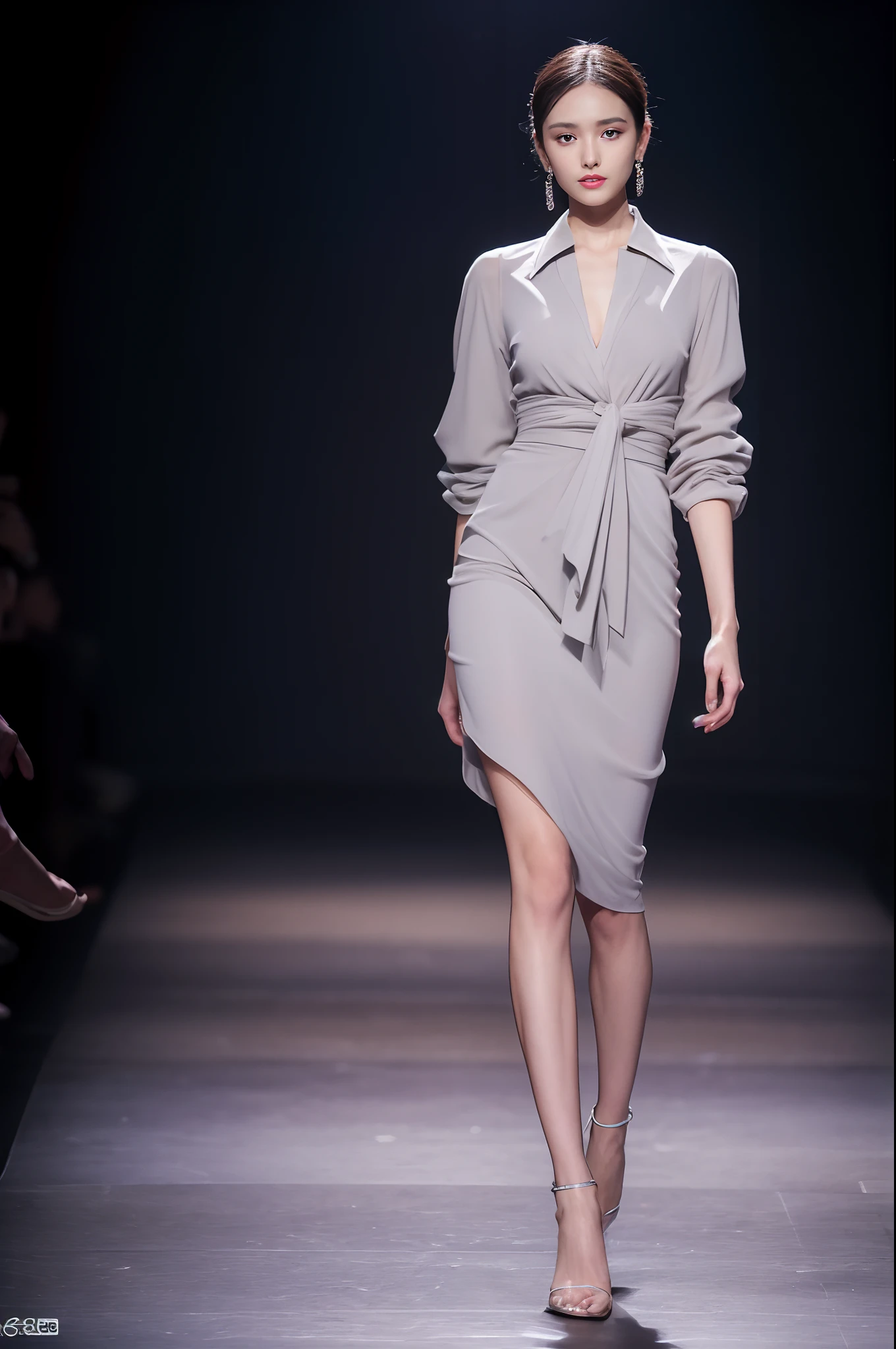 (Best quality,4K,8K,A high resolution,Masterpiece:1.2),Ultra-detailed,Realistic:1.37],（（Paris Fashion Week，Grey matte fabric，Stereoscopic cropping，Droozing，Simple）），high-definition photography,running track,Glamorous makeup,Wheat complexion，Flawless complexion,beautifullegs，Tall figure。Catwalk,Professional lighting,Vibrant colors,Stunning visuals,Impeccable fashion，Fashion-forward,Profesional photogarpher,Famous designer,Amazing performance,Photogenic