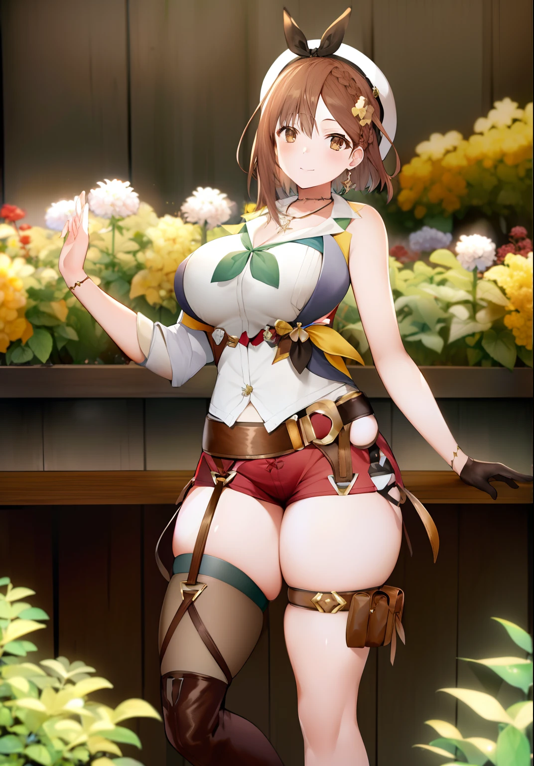 (best quality,high resolution,masterpiece:1.2),2ndDefault,Asymmetrical Designed Costume,thick thighs,huge ass,1girl,belt,flask,solo,forest,flowers,soft smile