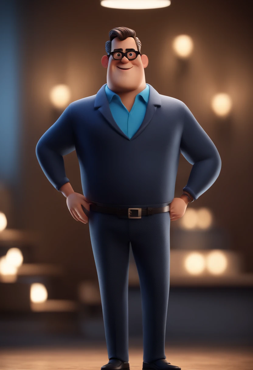 Cartoon character of a man with black glasses and a blue shirt, animation character, Caractere estilizado, animation style rendering, 3D estilizado, Arnold Maya render, 3 d render stylized, toon render keyshot, Personagem 3D, Personagem 3D, 3d rendering stylized, 3 d character render, personagem de desenho animado, Personagem de close up, Pose de personagem,  (Estilo Pixar) (master part:1.2) (Bokeh) (best quality) (pele detalhada) (textura detalhada) (8k) (argila) (Cinematic lighting) (foco nítido