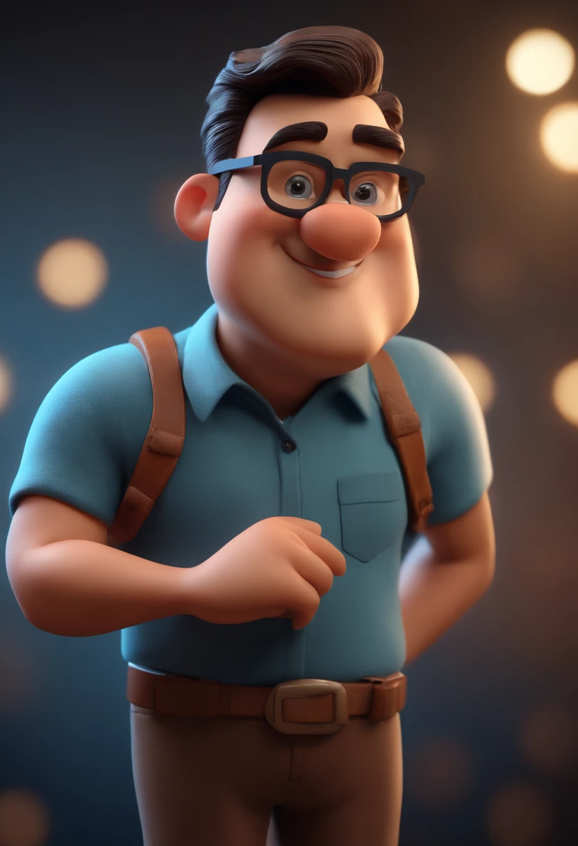 Cartoon character of a man with black glasses and a blue shirt, animation character, Caractere estilizado, animation style rendering, 3D estilizado, Arnold Maya render, 3 d render stylized, toon render keyshot, Personagem 3D, Personagem 3D, 3d rendering stylized, 3 d character render, personagem de desenho animado, Personagem de close up, Pose de personagem, (Estilo Pixar) (master part:1.2) (Bokeh) (best quality) (pele detalhada) (textura detalhada) (8k) (argila) (Cinematic lighting) (foco nítido