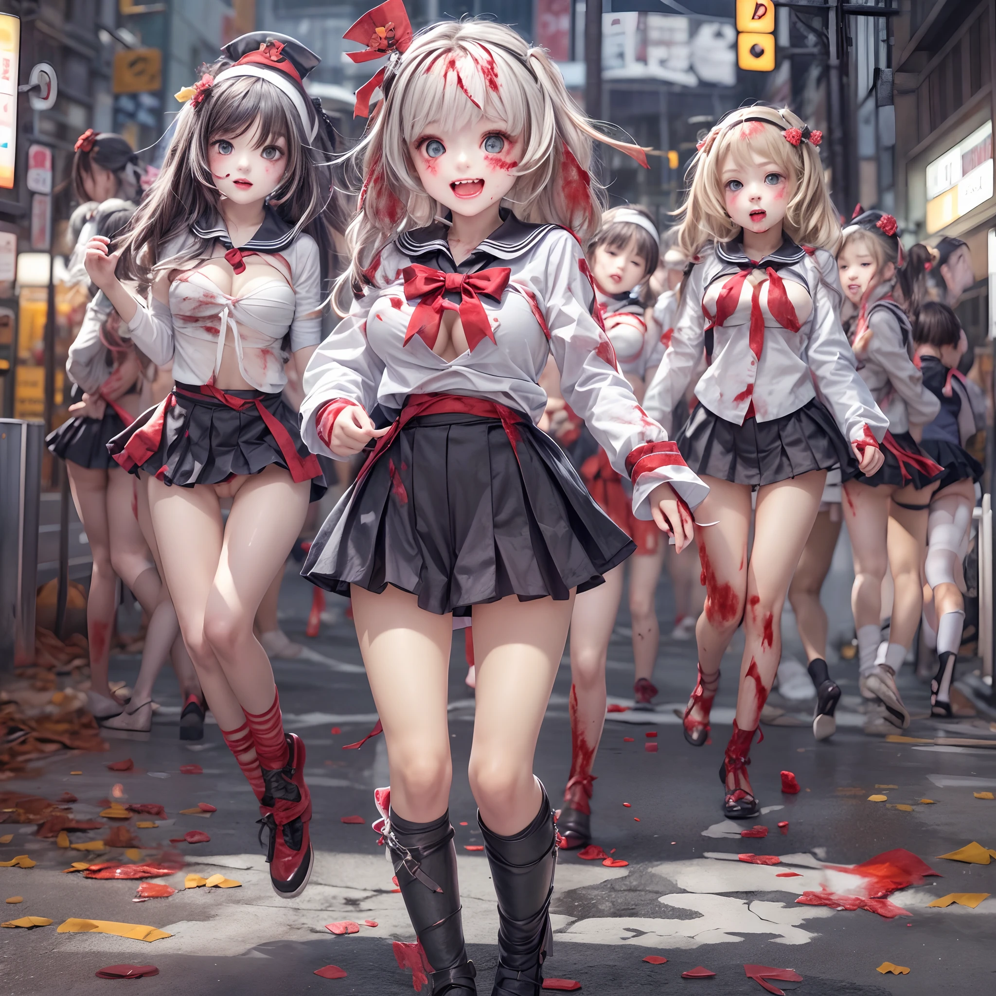 (((SFW, NSFW STILL SHOW, 12 Tiny Girls in a row:1.2, Shibuya Hachiko-mae scramble crossing on Halloween:1.2))), ((masterpiece:1.2, best quality, photorealistic:1.37)), { (Standing Full Body:1.2)|(from below:1.2) }, { bandaged full body | Cut-off Sailor Uniform }, { bandaged head | bandaged limbs | (( bleeding from pussy )) }, {((naked bandage))|metallic red nipple stickers}, {(bloody)|blood paste|(Blood-stained bandages| bloody inner thighs)}, ((Detailed KAWAII face, Detailed glistening ivory skin)), {Bustling street|Crossroads|(Passerby schoolgirls)| halloween| neon}, {(Childish:1.2|Gigantic Cleavage:1.37|Underboob:1.2)}, {Red leather high collar| Hair ornaments |shotgun|random hair colors}, {Floating hair|Strong wind|(((Ass focus, open thighs)))| flying magic | Skirtlift}, {(Kissing face to face)|:p|:d|laugh|sparkle|joyful|delighted|Drunk},extremely Detailed,