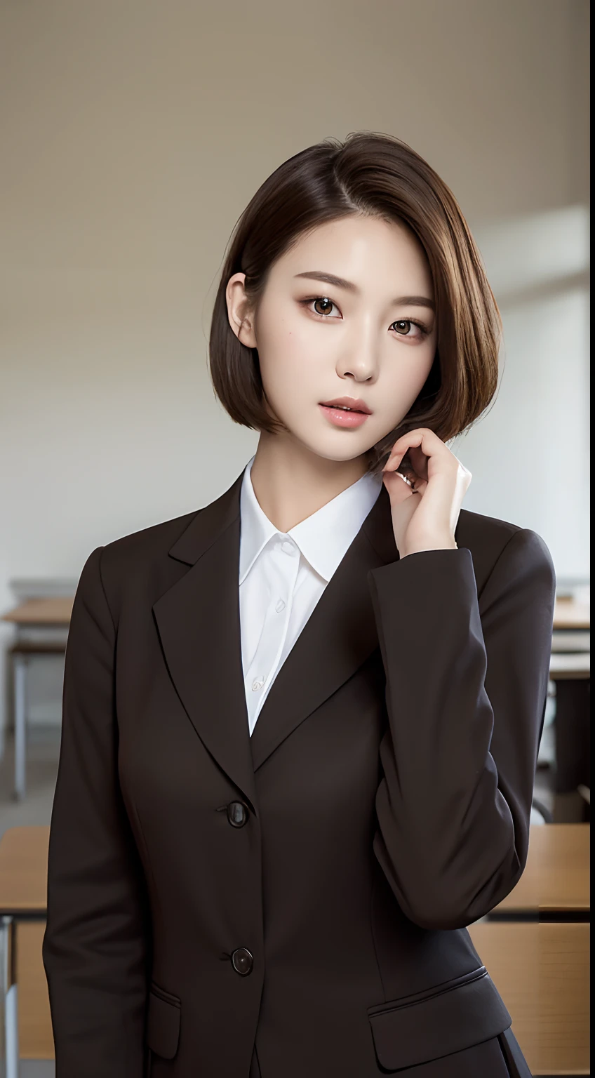 (Best quality, High resolution, Masterpiece :1.3), A tall and pretty woman with slender figure, (Dark brown short hair), Wearing school uniform, In classroom, Details exquisitely rendered in the face and skin texture, Detailed eyes, Double eyelid