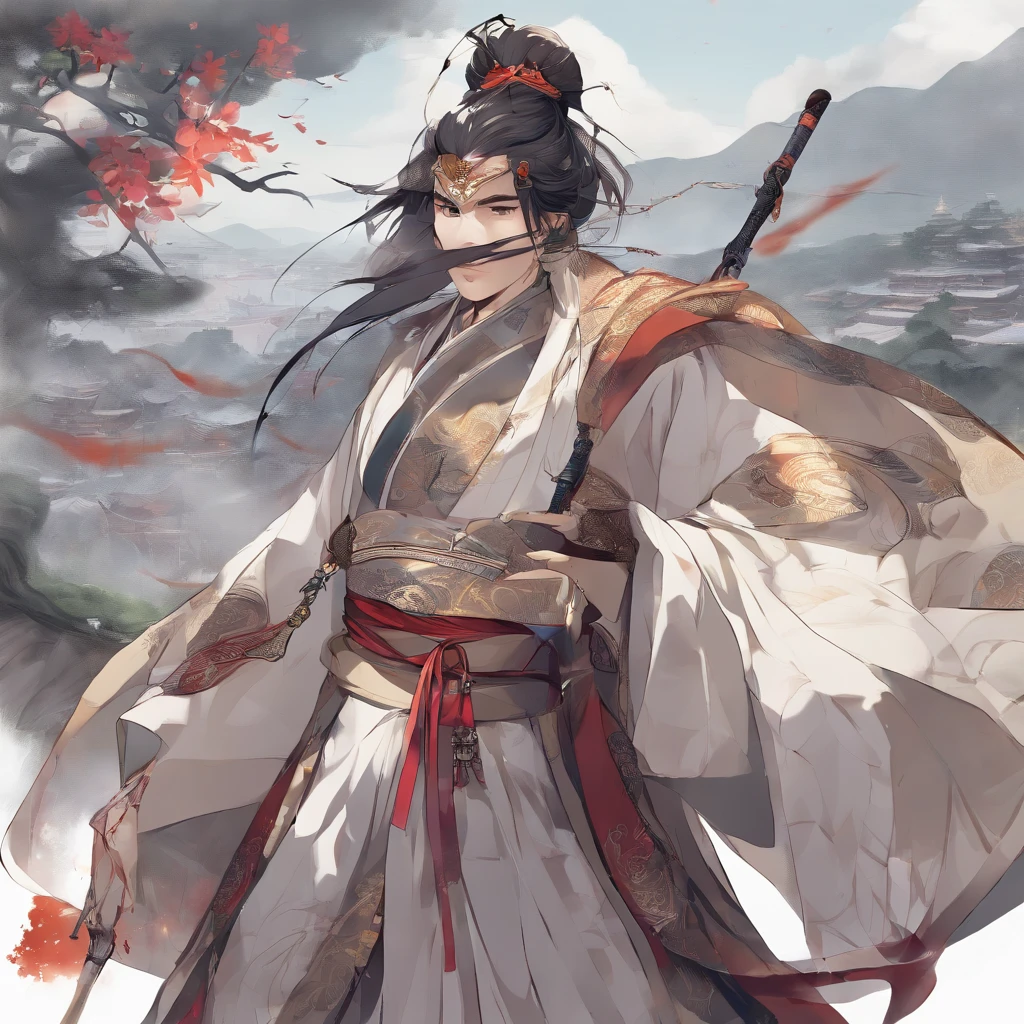 (Masterpiece),(Best quality:1.0), (超高分辨率:1.0), Detailed illustration, 8K, anime, 1. Ancient Chinese men，hair messy，The face is white，Wearing a nine-splendid embroidered drape，Holding a Fuxi qin，Sallow complexion，Eyebrows are clear，Tall，Muscle lines are pronounced，Standing on a high mountain