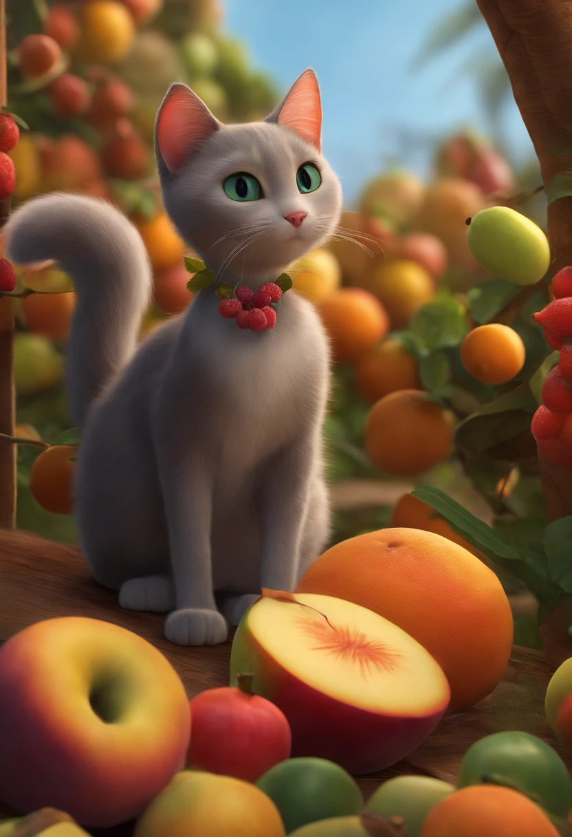 Pixar gato no quintal comendo frutas.