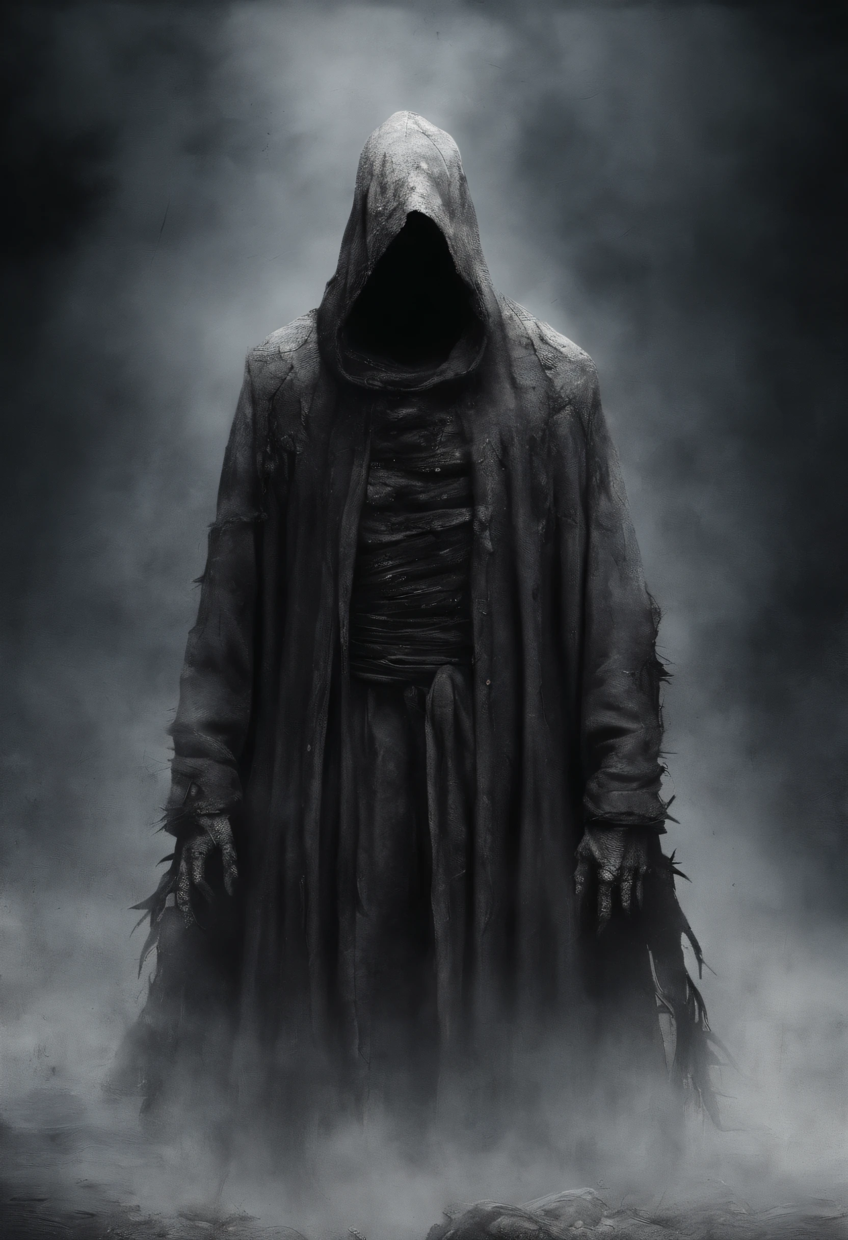 waist up, very old, half of the face deformed and melted, scary, dirty, beggar, short gray hair, pale and wrinkled skin, sparse beard, yellowish pupils, hunched posture, penetrating and evil gaze, torn clothes, feather cloak crow on the back, body covered with bandages and hood, fog, dark gas station, horror, fear, scary, suspense, mysterious