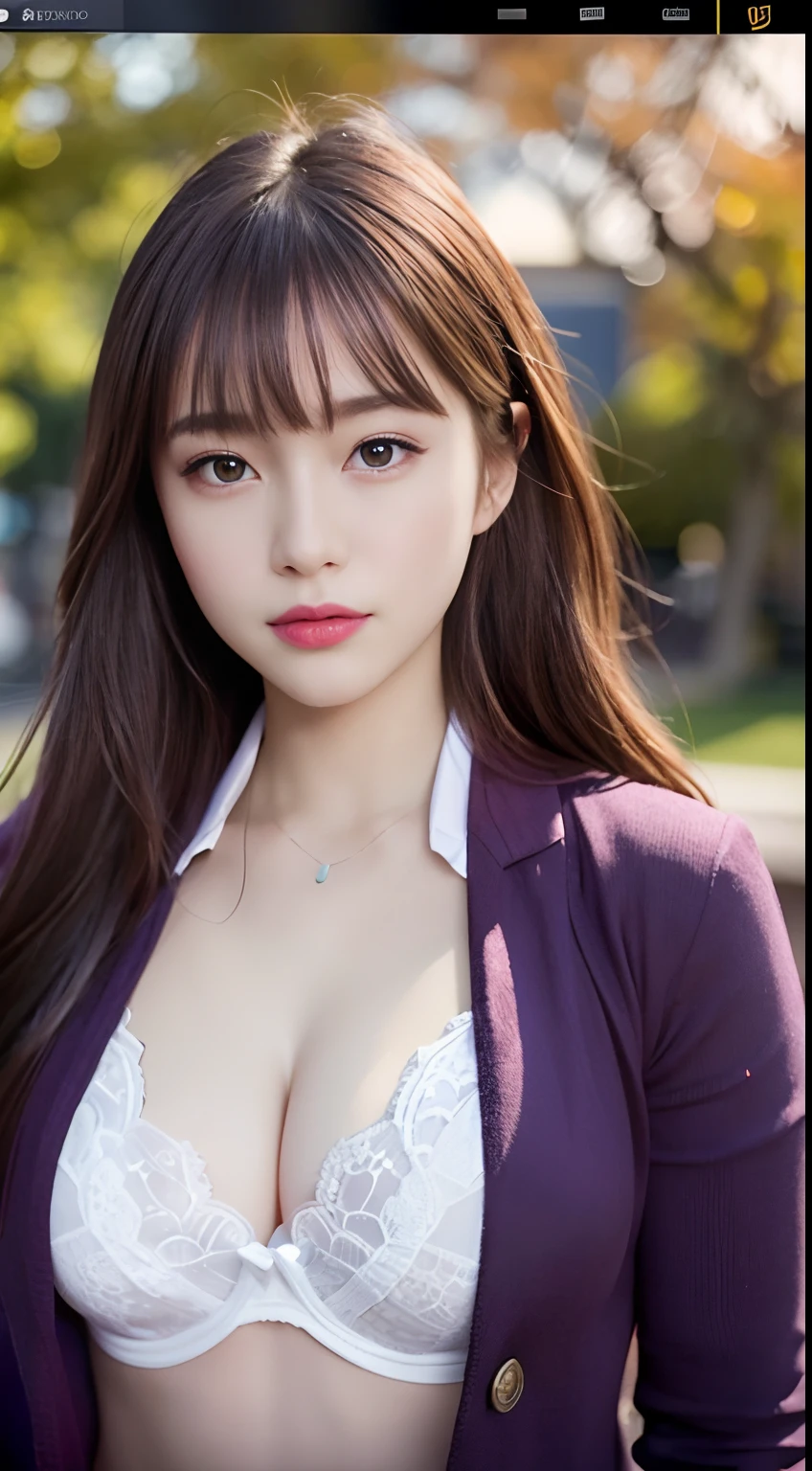 Ultra detail, high resolution, (realistic, realistic:1.4), 8k, (best quality), physical-based rendering, photorealistic photos, professional color grading, top quality, school uniform, sexy, bra, 25 years old, long hair. Brunette