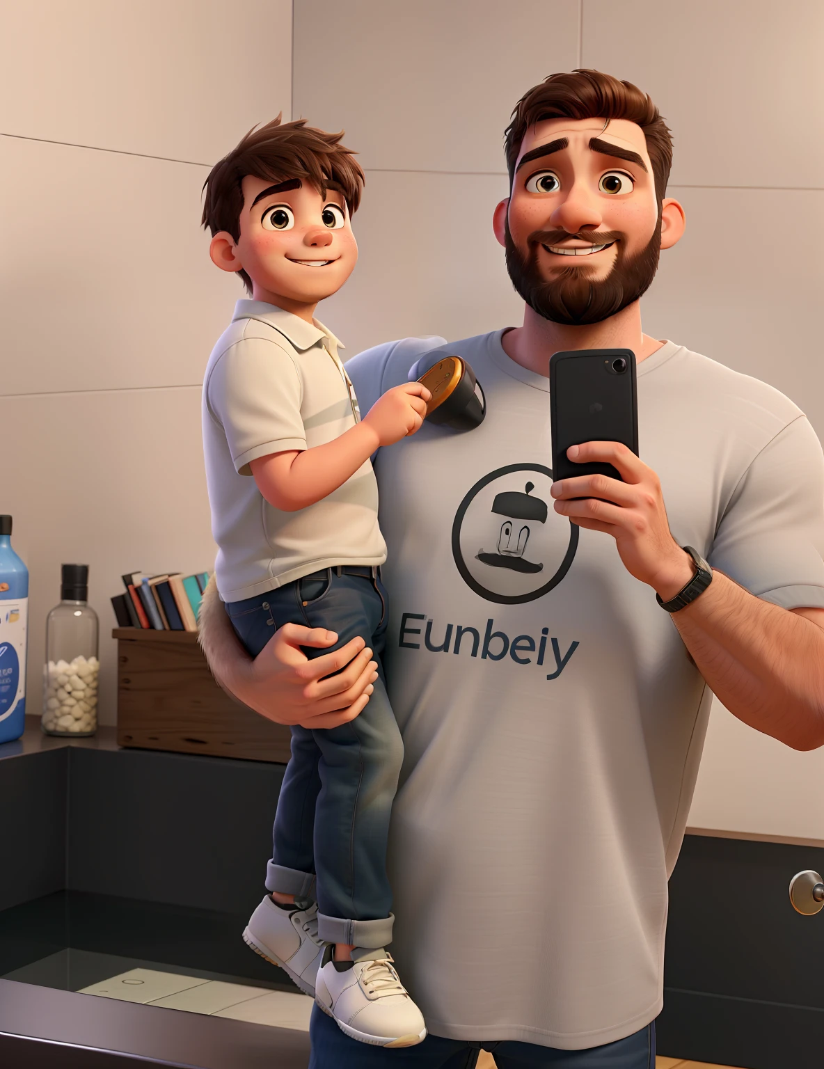 (best quality,highres,ultra-detailed:1.2),bearded man and his happy boy in front of a mirror,playful father and son,bonding moment,lovingly looking at each other,joyful expressions,parent-child interaction,happy family,fatherly love,mirror reflection,detailed facial features,beautiful smiles,tender and heartwarming moment,soft natural lighting,vivid colors,realistic portrayal,emotional connection,gentle touch,reflection of love