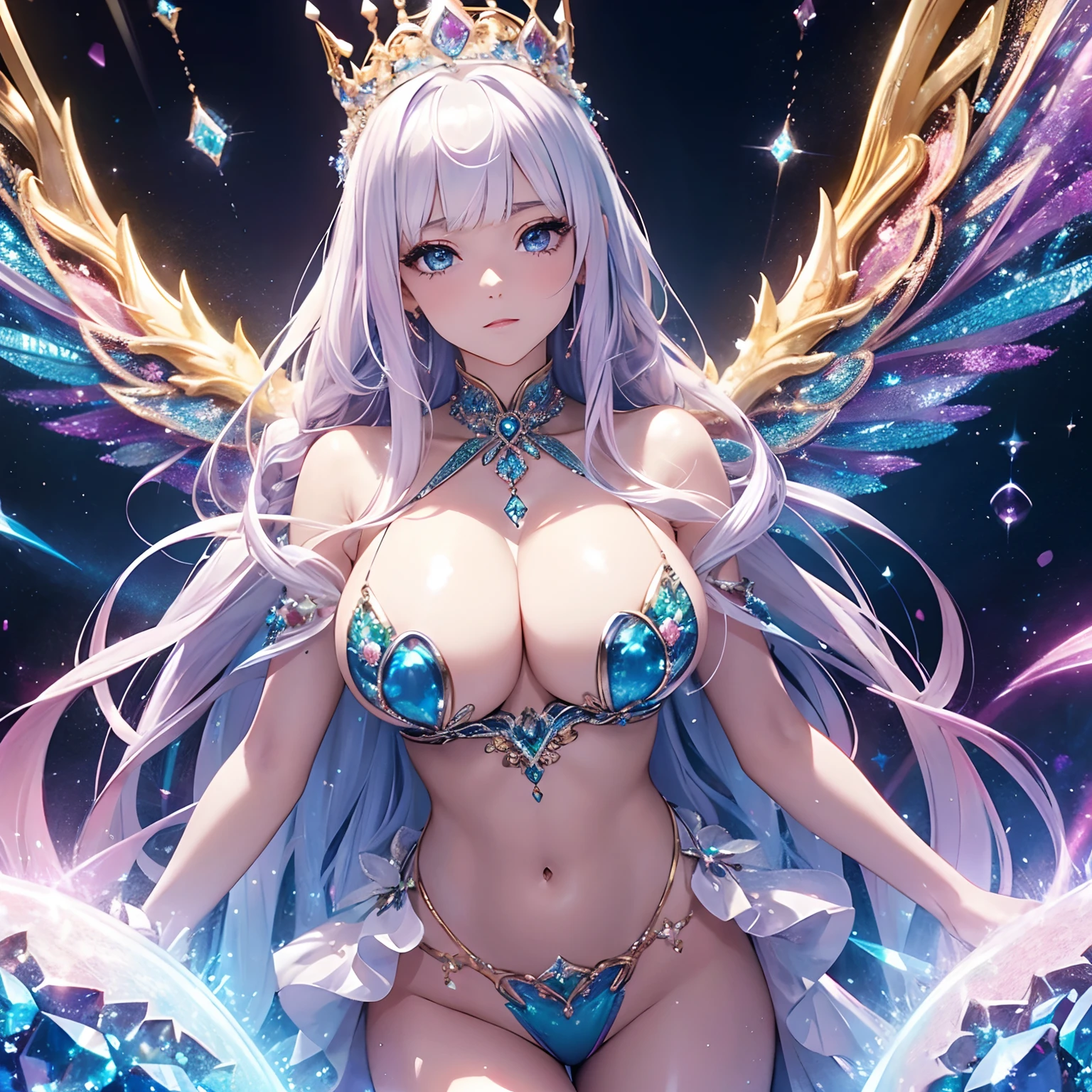 finest image, (8k, RAW photo, realistic), detailed and delicate depiction and flashy and dynamic painting method, beautiful princess, white braided bangs hair, blue big eyes, amorous expression, lewd expression, huge breasts, under boobs, side boobs, abs, slender, perfect proportion, brilliant platinum plated crown, dress made of (diamonds crystals pink-sapphires emeralds aquamarines amethysts rainbow-moonstones white-opals), background shining golden dragon embroidery on sparkling silver plated pillars of the royal palace