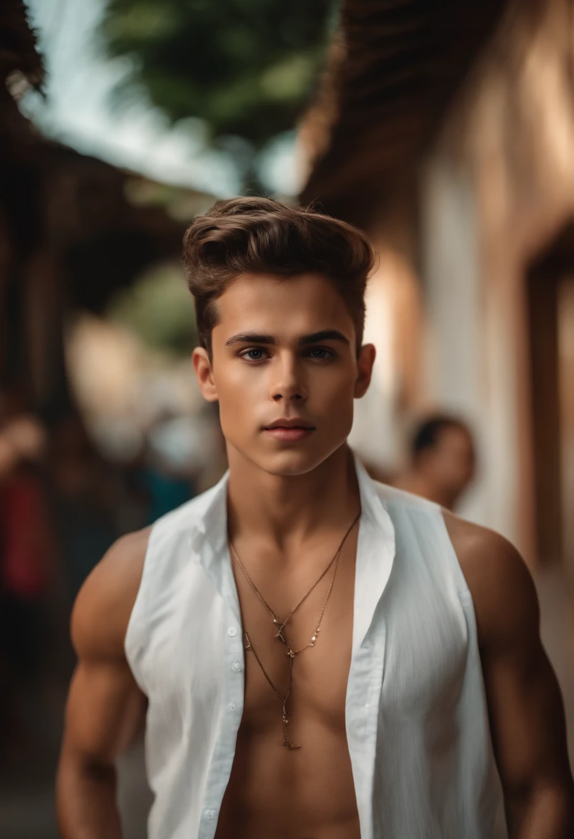 Um branco, com topete pequeno, com roupa estilosa, forte, sem camisa, com peitoral
