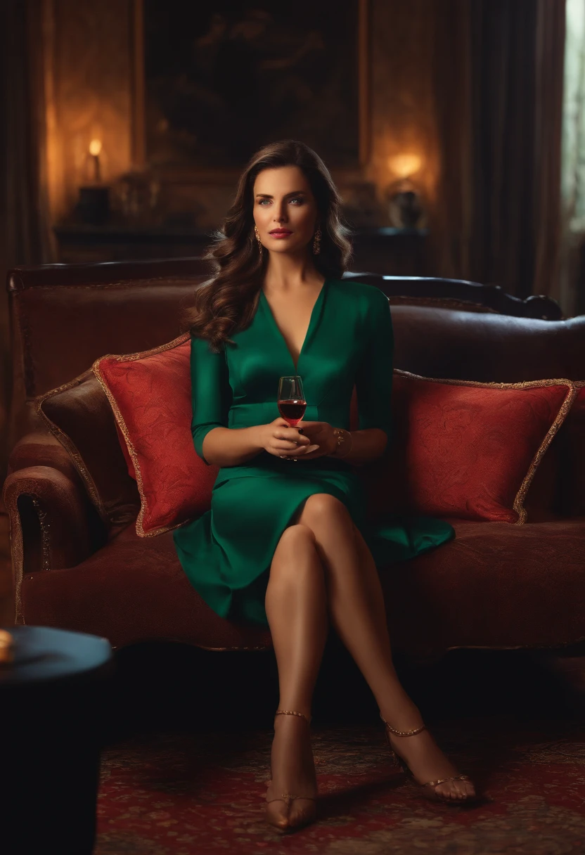 there is a woman sitting on a couch with a remote , realistic