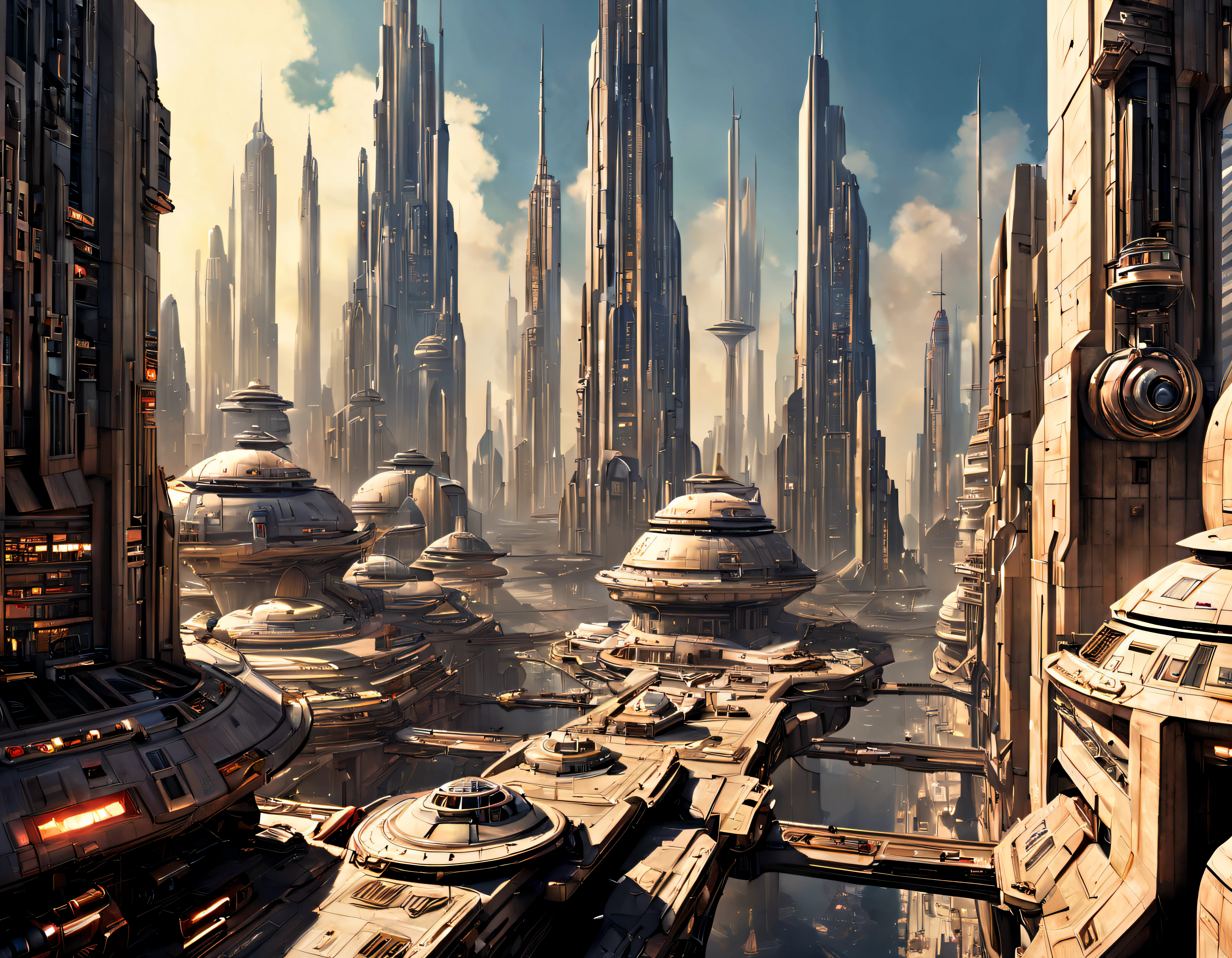((The city of Coruscant from Star Wars as designed by Doug Chiang)), futuristic fantasy city with immense buildings of technological design (que forman una avenida infinita), edificios compactor no difuminados, con estructuras acristaladas espectaculares, (con colores vivos y vibrantes). pavimento ensolado (sin brillo). gente paseando. imagen bien definida con muchos edificios juntos. imagen nitida bien definida 8k. los edificios llegan alta el fondo.,8k. imagen cinematografica.