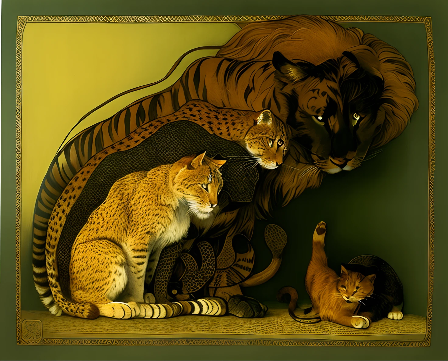 There are two cats and a lion sitting together in a photo, Directed by: Louis Wain, Louis William Wain, Directed by: Paul Howard Manship, Encontro dos Gatos, Directed by: Théophile Steinlen, Directed by: Otto Stark, Directed by: Max Klinger, Directed by: Edward Lear, Directed by: Hans Baluschek, Directed by: Heinrich Lefler, Directed by: Unkoku Togan, Directed by: Leo Goetz arte realista e vivida ancestraliedade