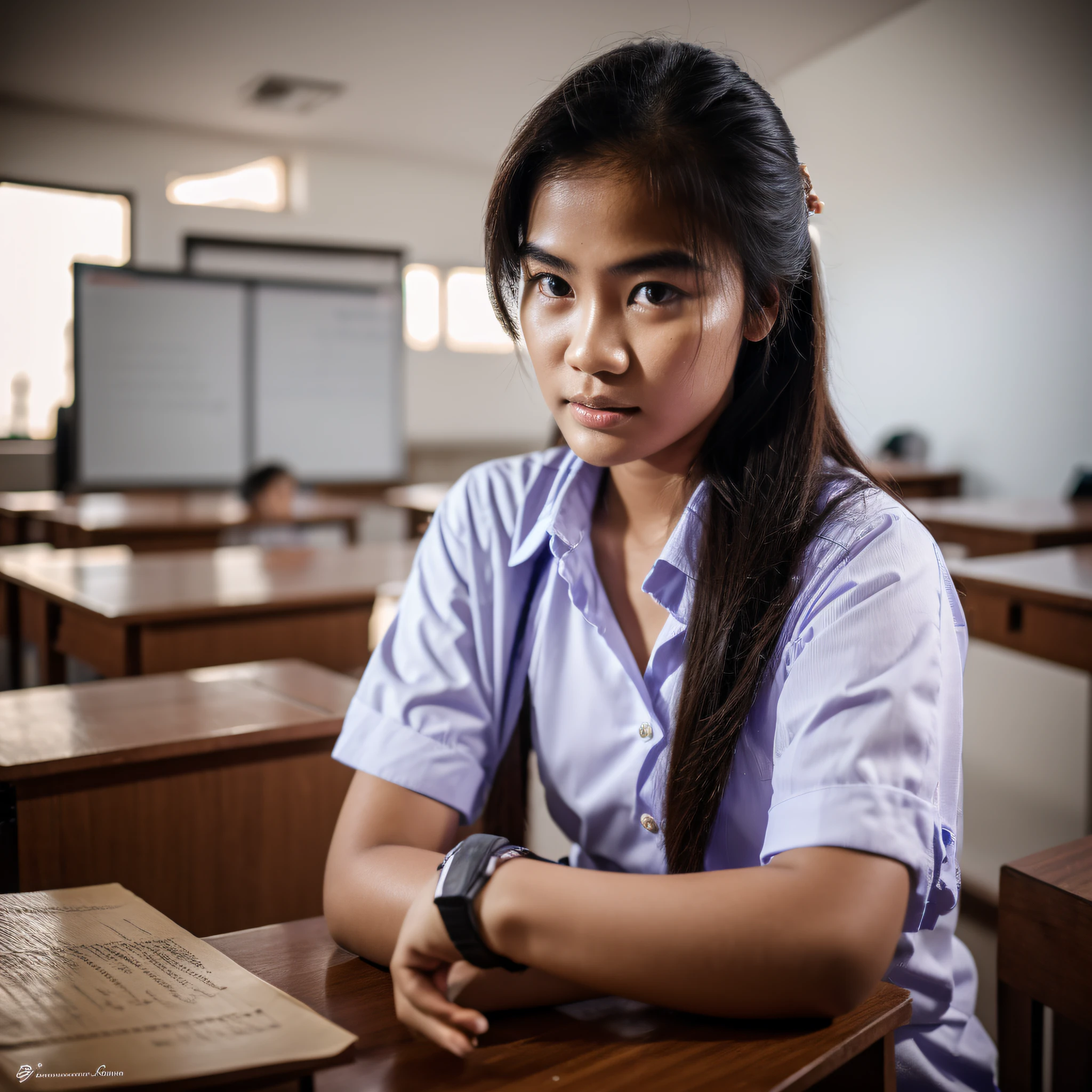 a Thai student,studying in a classroom,beautiful detailed eyes,beautiful detailed lips