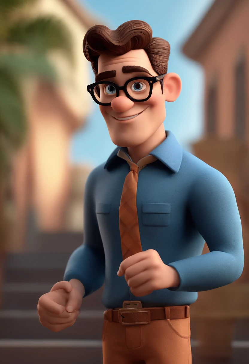 Cartoon character of a man with black glasses and a blue shirt, animation character, Caractere estilizado, animation style rendering, 3D estilizado, Arnold Maya render, 3 d render stylized, toon render keyshot, Personagem 3D, Personagem 3D, 3d rendering stylized, 3 d character render, personagem de desenho animado, Personagem de close up, Pose de personagem, (Estilo Pixar) (master part:1.2) (Bokeh) (best quality) (pele detalhada) (textura detalhada) (8k) (argila) (Cinematic lighting) (foco nítido