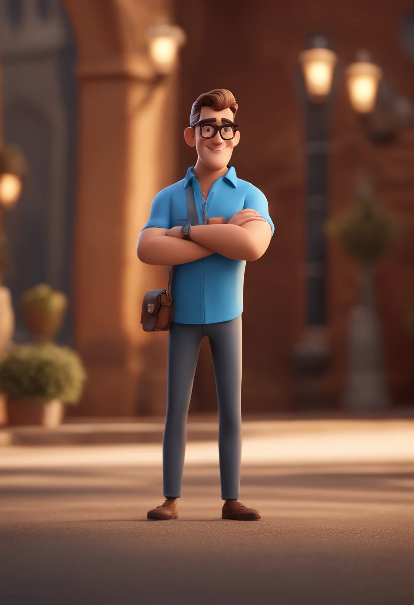 Cartoon character of a man with black glasses and a blue shirt, animation character, Caractere estilizado, animation style rendering, 3D estilizado, Arnold Maya render, 3 d render stylized, toon render keyshot, Personagem 3D, Personagem 3D, 3d rendering stylized, 3 d character render, personagem de desenho animado, Personagem de close up, Pose de personagem, (Estilo Pixar) (master part:1.2) (Bokeh) (best quality) (pele detalhada) (textura detalhada) (8k) (argila) (Cinematic lighting) (foco nítido