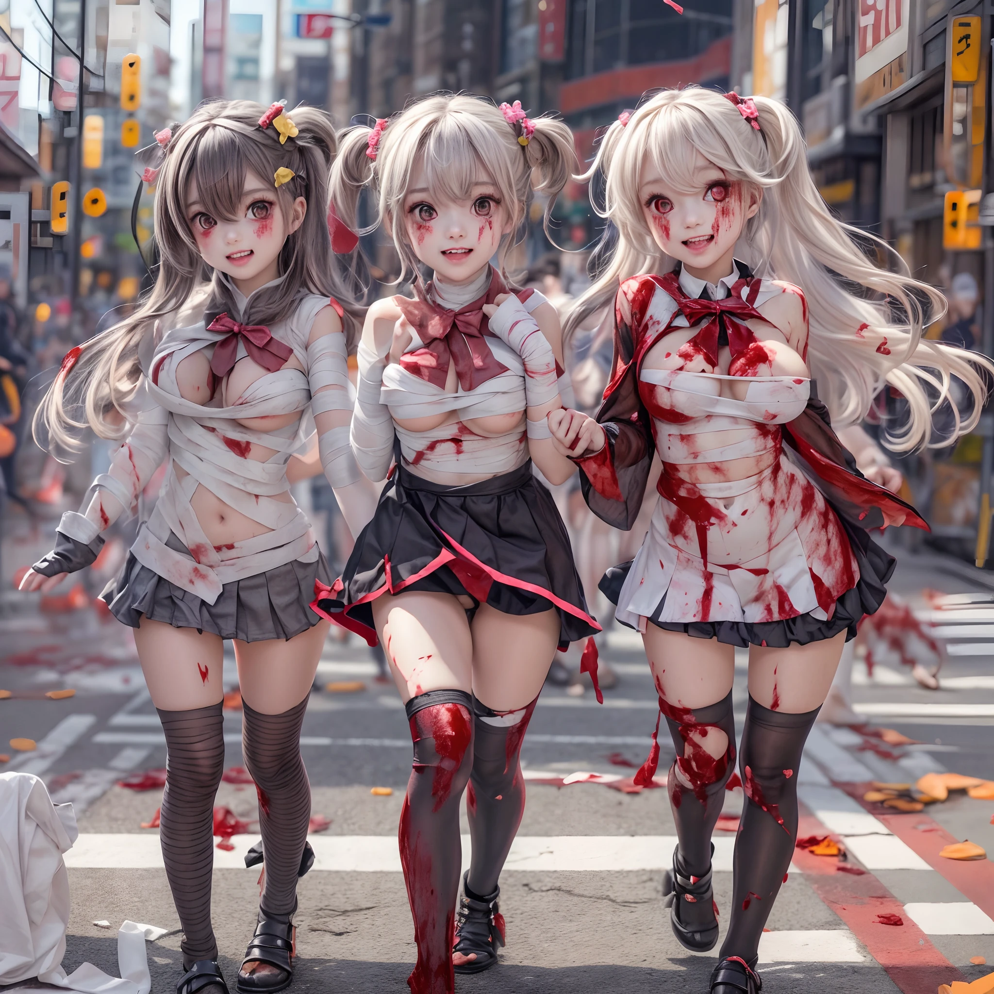 (((SFW, NSFW STILL SHOW, 12 Tiny Girls in a row:1.2, Shibuya Hachiko-mae scramble crossing on Halloween:1.2))), ((masterpiece:1.2, best quality, photorealistic:1.37)), { (Standing Full Body:1.2)|(from below:1.2) }, { bandaged full body | Cut-off Sailor Uniform }, { bandaged head | bandaged limbs | (( bleeding from pussy )) }, {((naked bandage))|metallic red nipple stickers}, {(bloody)|blood paste|(Blood-stained bandages| bloody inner thighs)}, ((Detailed KAWAII face, Detailed glistening ivory skin)), {Bustling street|Crossroads|(Passerby schoolgirls)| halloween| neon}, {(Childish:1.2|Gigantic Cleavage:1.37|Underboob:1.2)}, {Red leather high collar| Hair ornaments |shotgun|random hair colors}, {Floating hair|Strong wind|(((Ass focus, open thighs)))| flying magic | Skirtlift}, {(Kissing face to face)|:p|:d|laugh|sparkle|joyful|delighted|Drunk},extremely Detailed,