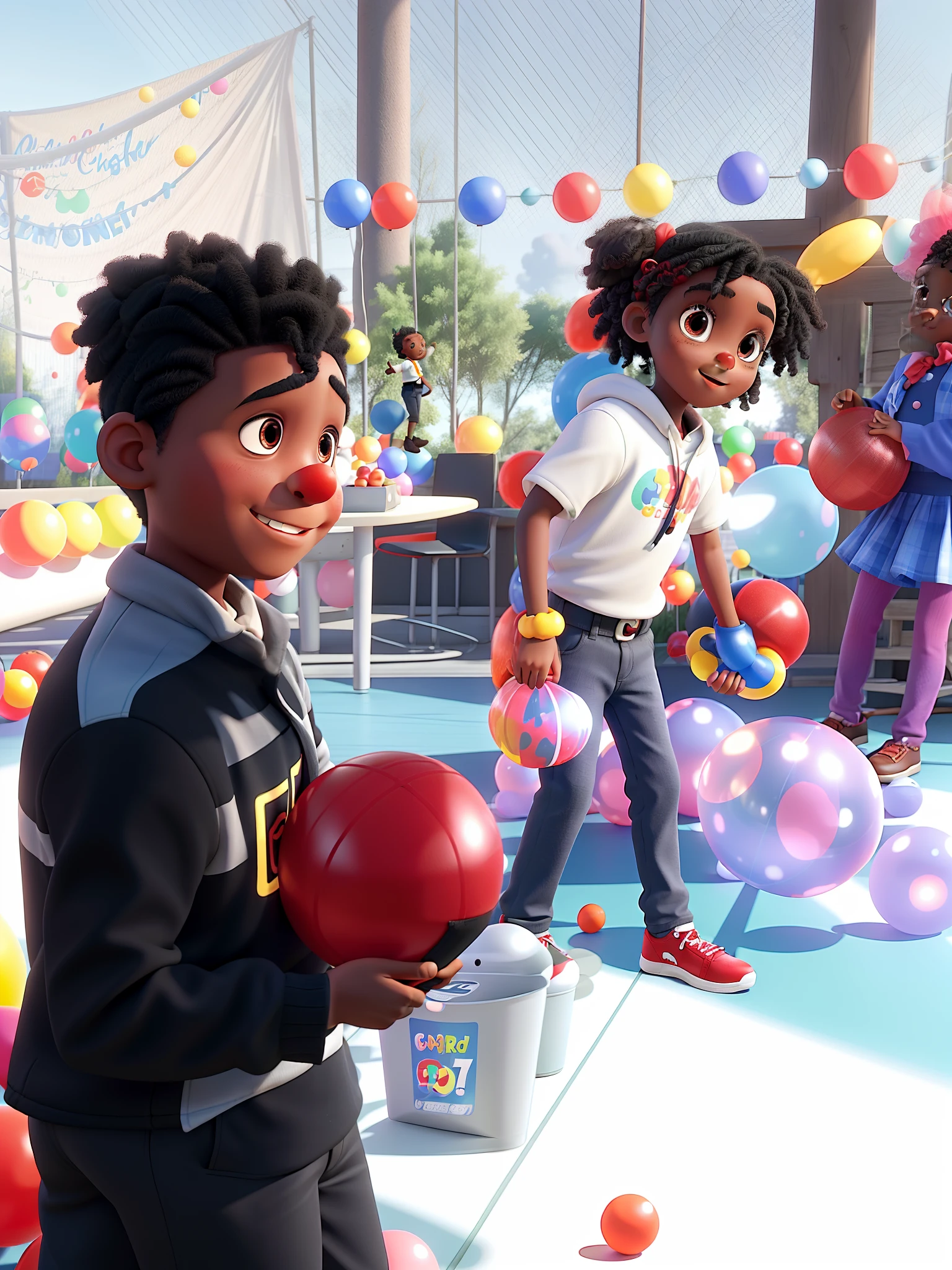 Light black ***** at June party with red ball in hand to hit a giant clown. In Disney pixar standard with high quality.