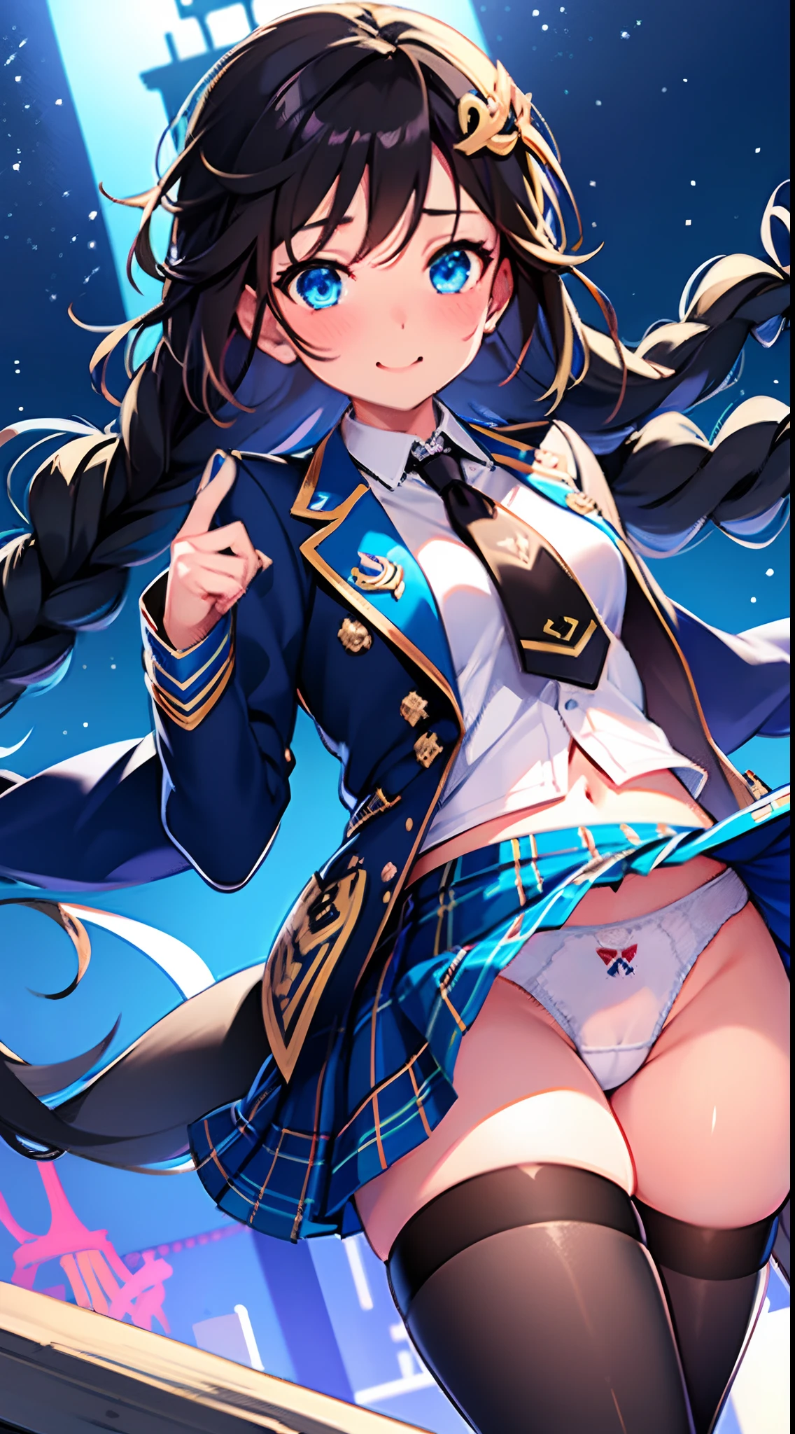 Tazune Rirei, Masterpiece, best quality,8k, perfect lighting, school uniform, black hair, braid hair, hair ornament, aqua eyes, blue jacket, blue plaid skirt, Eiffel tower, midnight, neon lights, skirt lift, white panties, crotch seam , blush, embarrassed ,skirtlift
