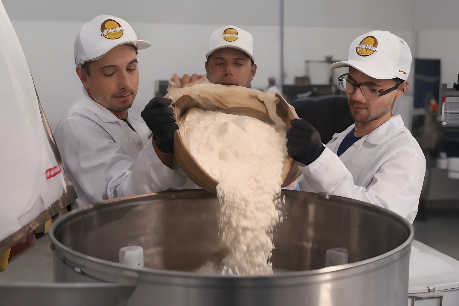 It shows three young men putting flour into a drum, They're wearing white caps and white aprons , luvas pretas e olhando a farinha ser despejada no tambor