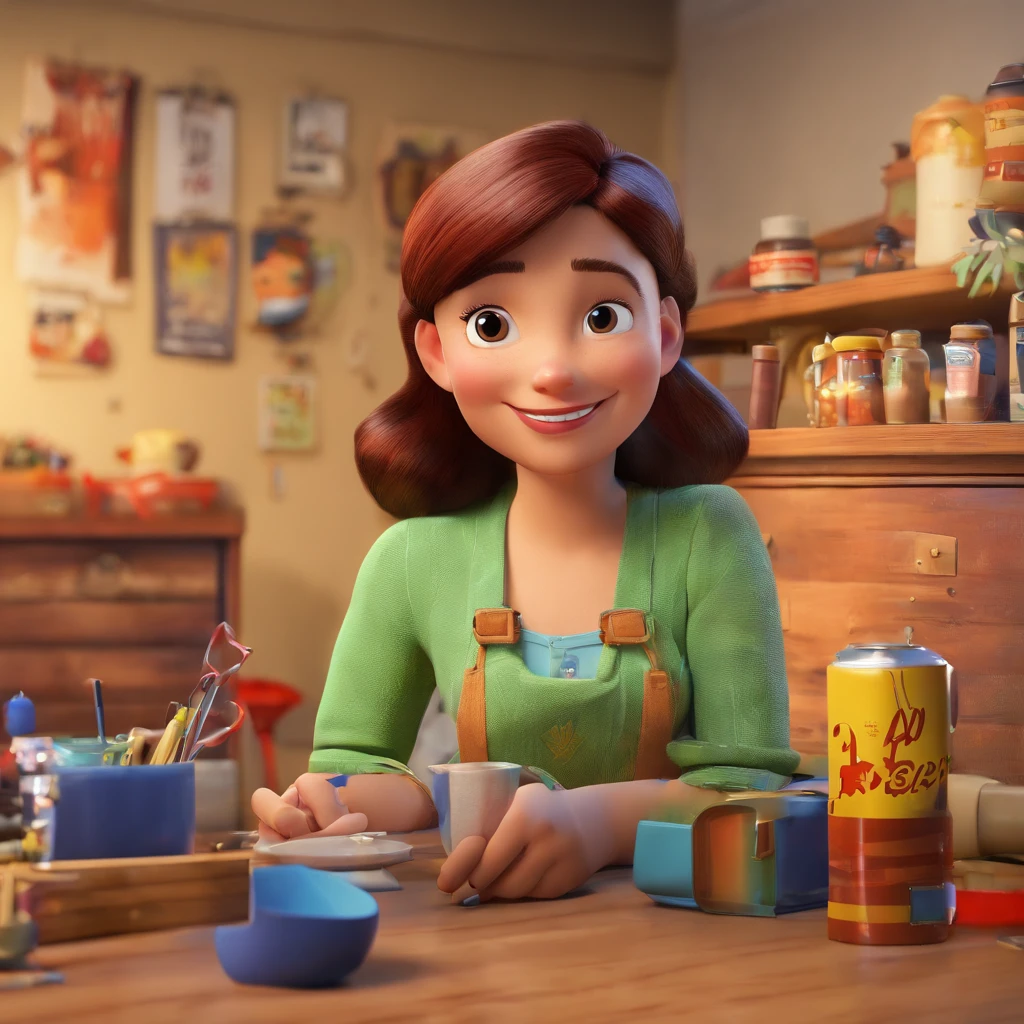 create a 3D movie poster inspired by Disney Pixar, The scene should be in Pixar's signature digital art style, with a caricature image depicting a craftswoman , com cabelos castanhos e longos, apontando para uma faixa escrito "Atelier Jane Passos".
