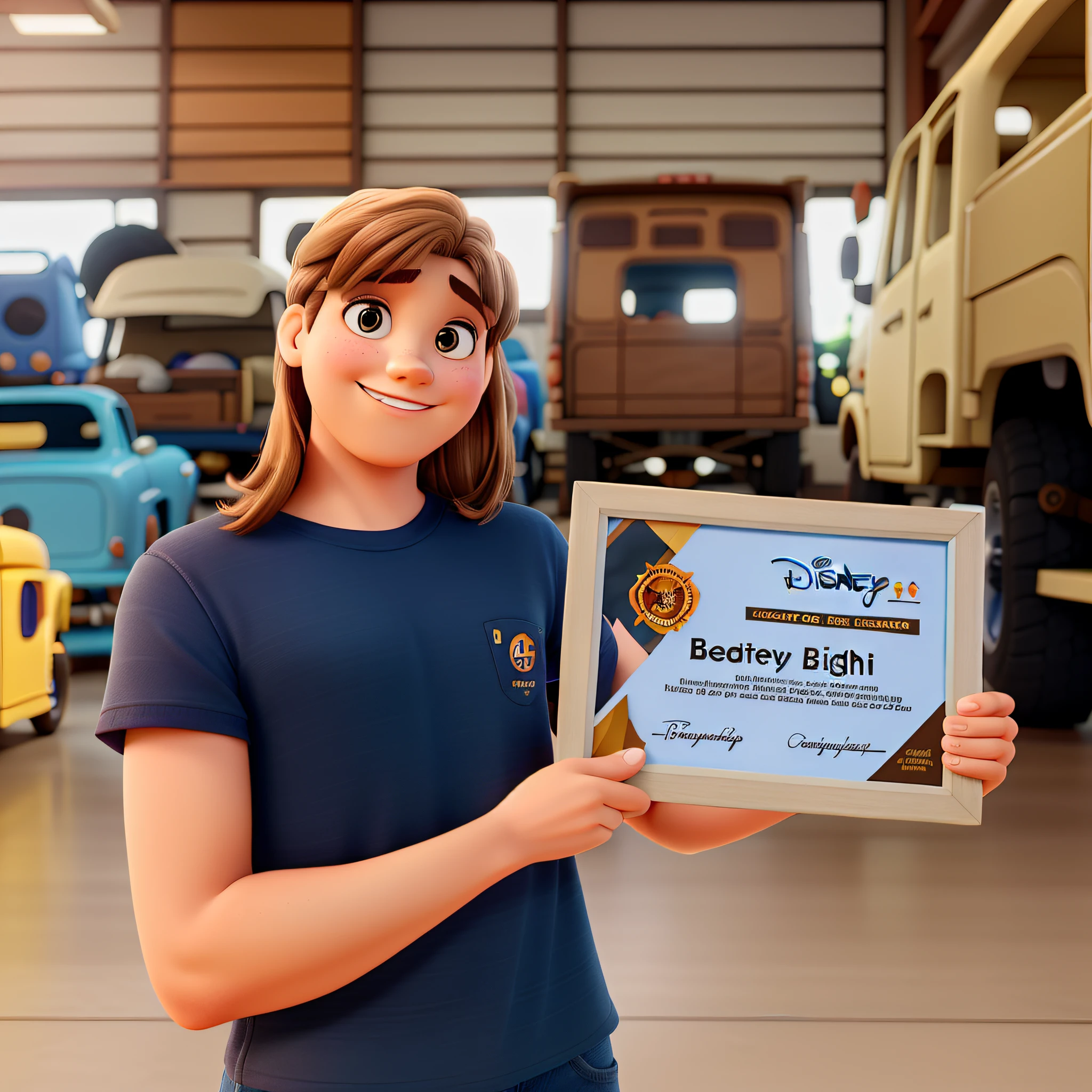 Uma jovem de aproximadamente 35 anos estilo disney pixar, High Quality and Best Quality Light Brown Hair with Blonde Shade Holding Best Workshop Award Certificate, Against the blurry backdrop of a truck mechanic shop