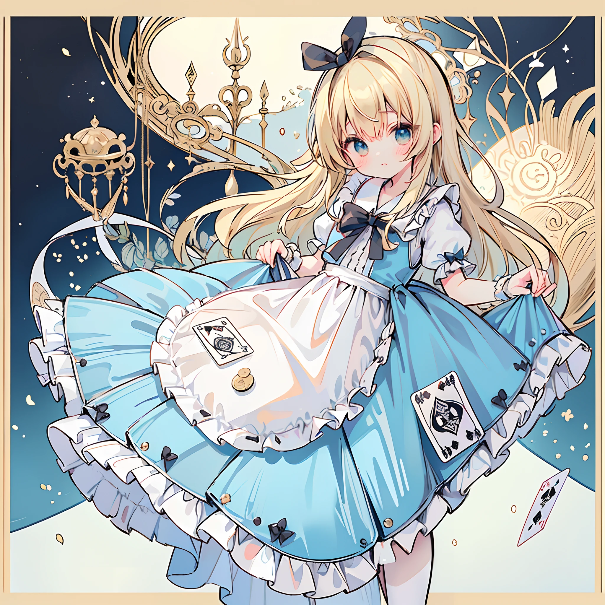 ((masutepiece，Top image quality，Best Quality，8K，​masterpiece))Upper body only，girl1，((alice in the wonderland))，a blond，Long，Large black ribbon on the head，Playing cards in the background，Light blue dress，Being in nature，