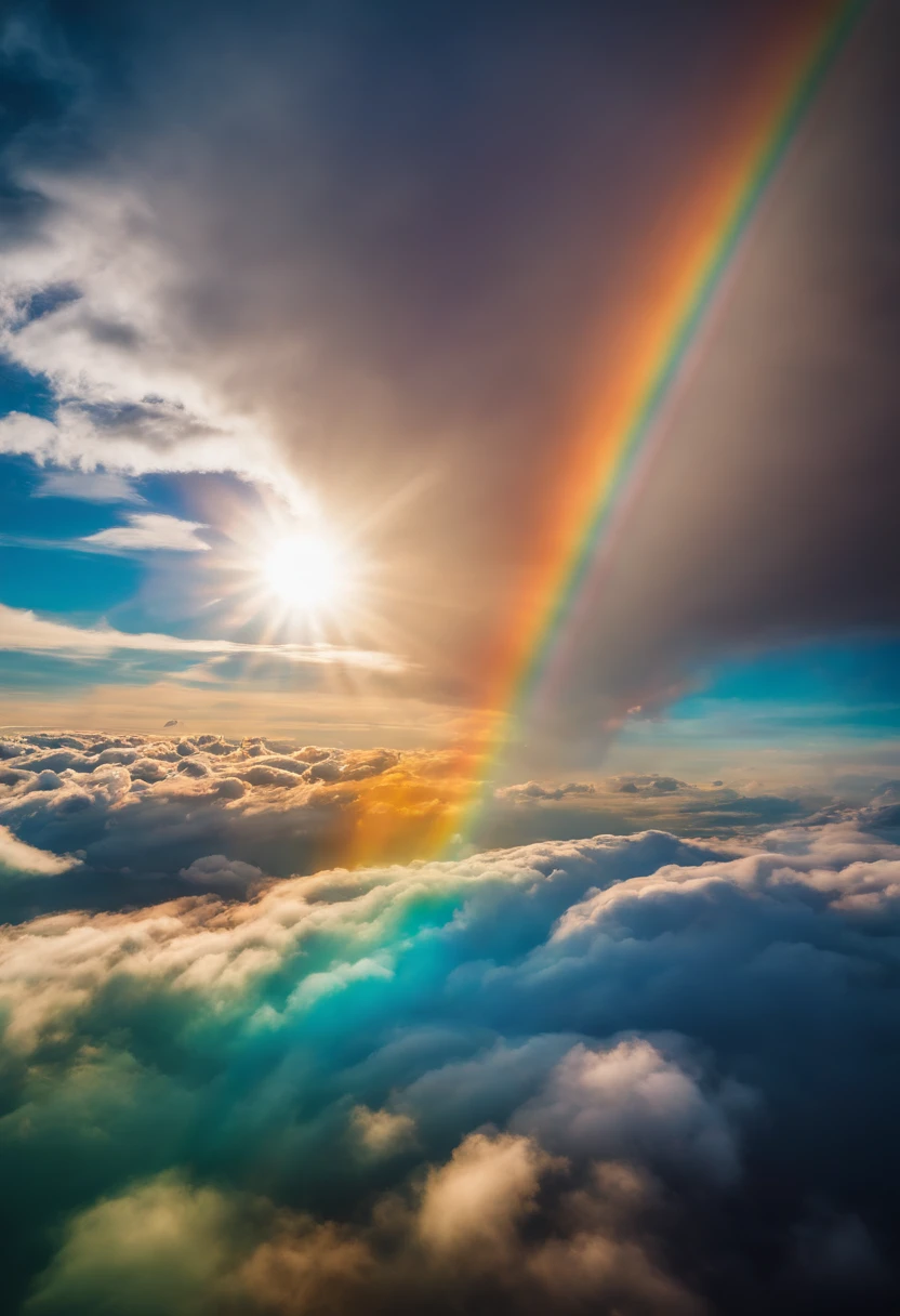 Close-up of airplane flying in the sky with sunny rainbow clouds, Amazing skies, Amazing skies, Stunning rainbow colors, Brilliant iridescent colors, A very colorful heaven, Amazing reflections of the sky, Colorful clouds, Colorful iridescent colors, Rainbow clouds, Iridescent clouds, Iridescent colors in the sky, Iridescent reflections, Magnificent iridescent colors, Beautiful rainbow, Colorful sky, Rainbow from the sky