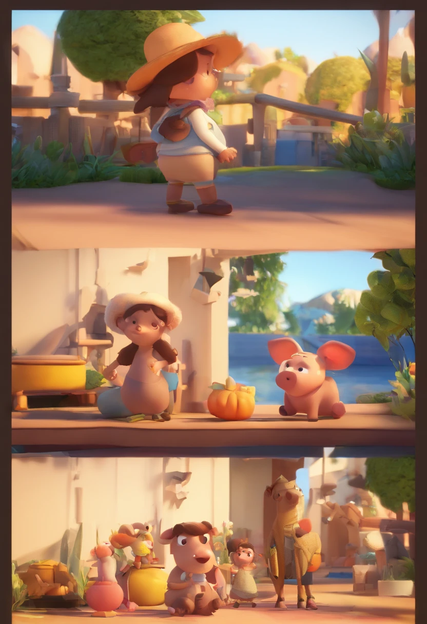 Estilo Pixar: Familia, Um pai, A mother and two girls. Uma  de 6 anos e outro de 2 anos . Uma fazenda com vacas lindas e marrom .