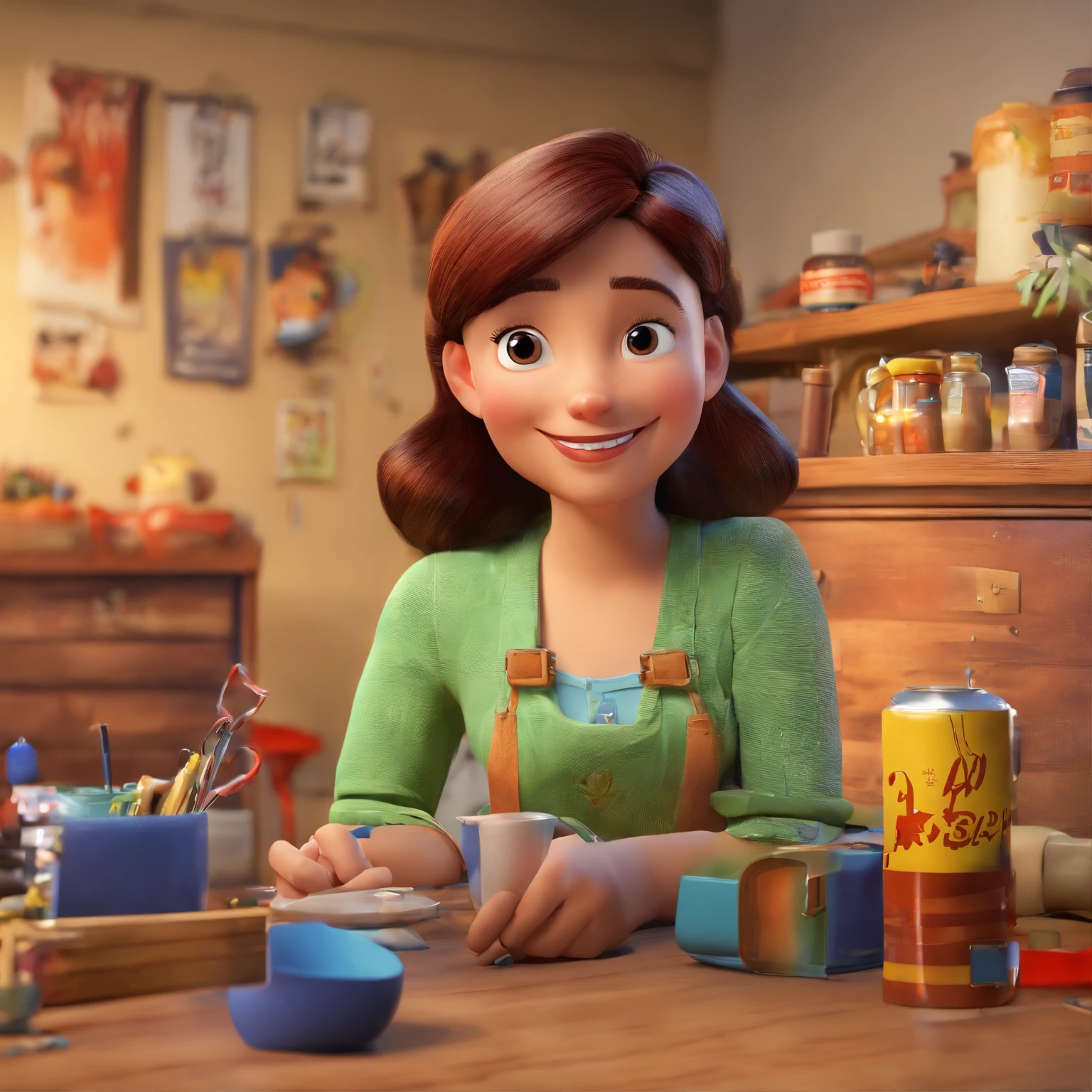 create a 3D movie poster inspired by Disney Pixar, The scene should be in Pixar's signature digital art style, with a caricature image depicting a craftswoman , com cabelos castanhos e longos, apontando para uma faixa escrito "Atelier Jane Passos".