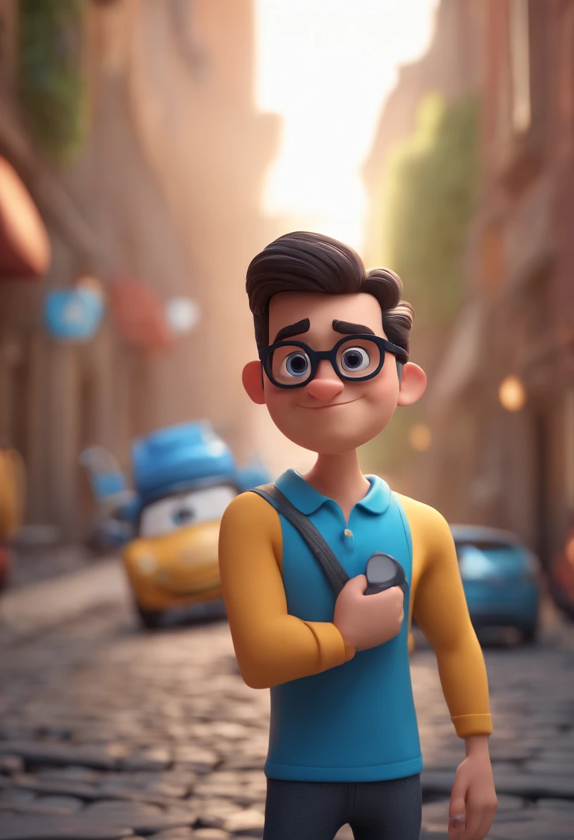 Cartoon character of a man with black glasses and a blue shirt, animation character, Caractere estilizado, animation style rendering, 3D estilizado, Arnold Maya render, 3 d render stylized, toon render keyshot, Personagem 3D, Personagem 3D, 3d rendering stylized, 3 d character render, personagem de desenho animado, Personagem de close up, Pose de personagem, (Estilo Pixar) (master part:1.2) (Bokeh) (best quality) (pele detalhada) (textura detalhada) (8k) (argila) (Cinematic lighting) (foco nítido
