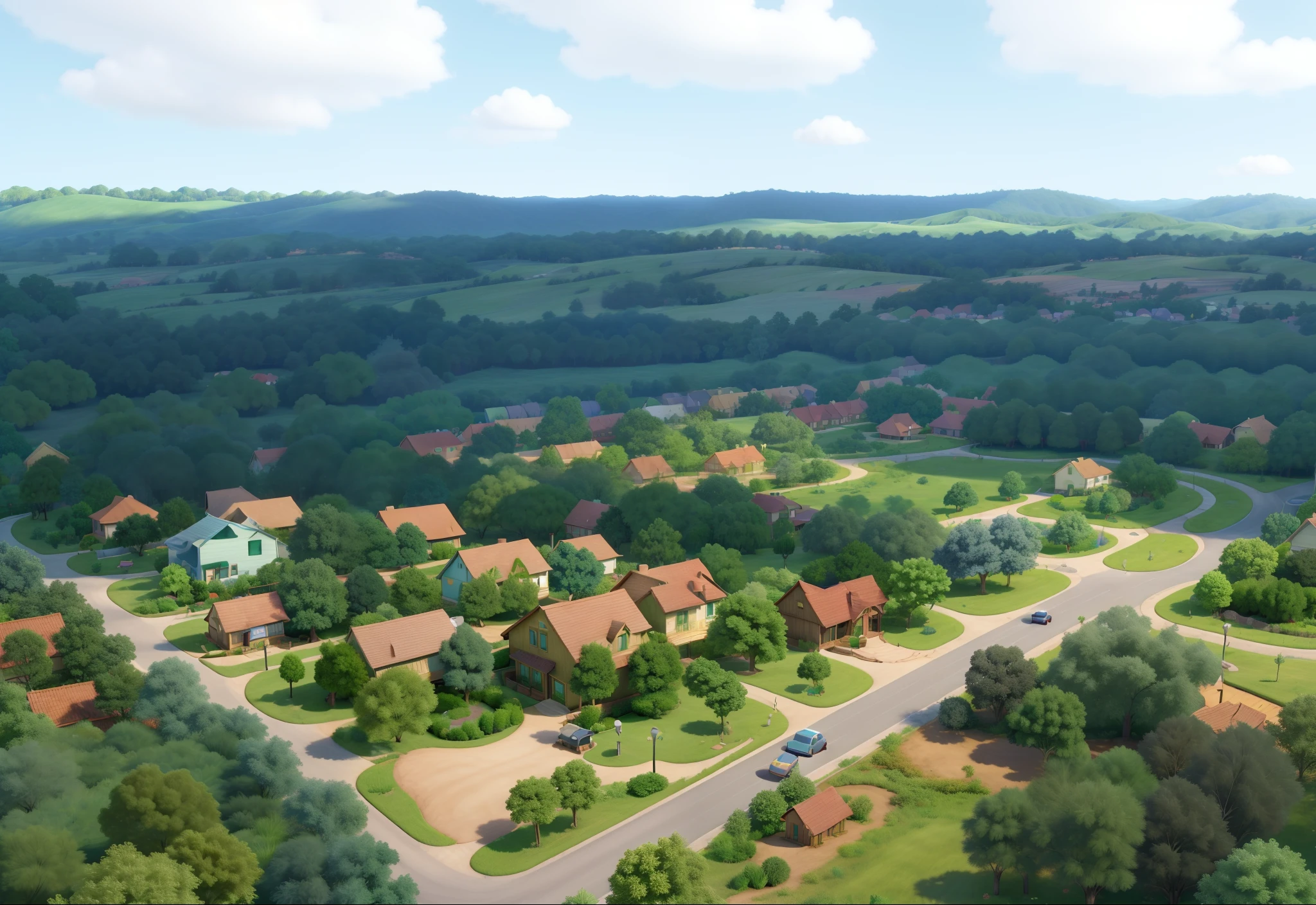 Obra-prima, de melhor qualidade, A very green house subdivision and beautiful sky full of clouds, trees and well-defined houses, 3D Animation Style Pixar Disney Vibrant Colors