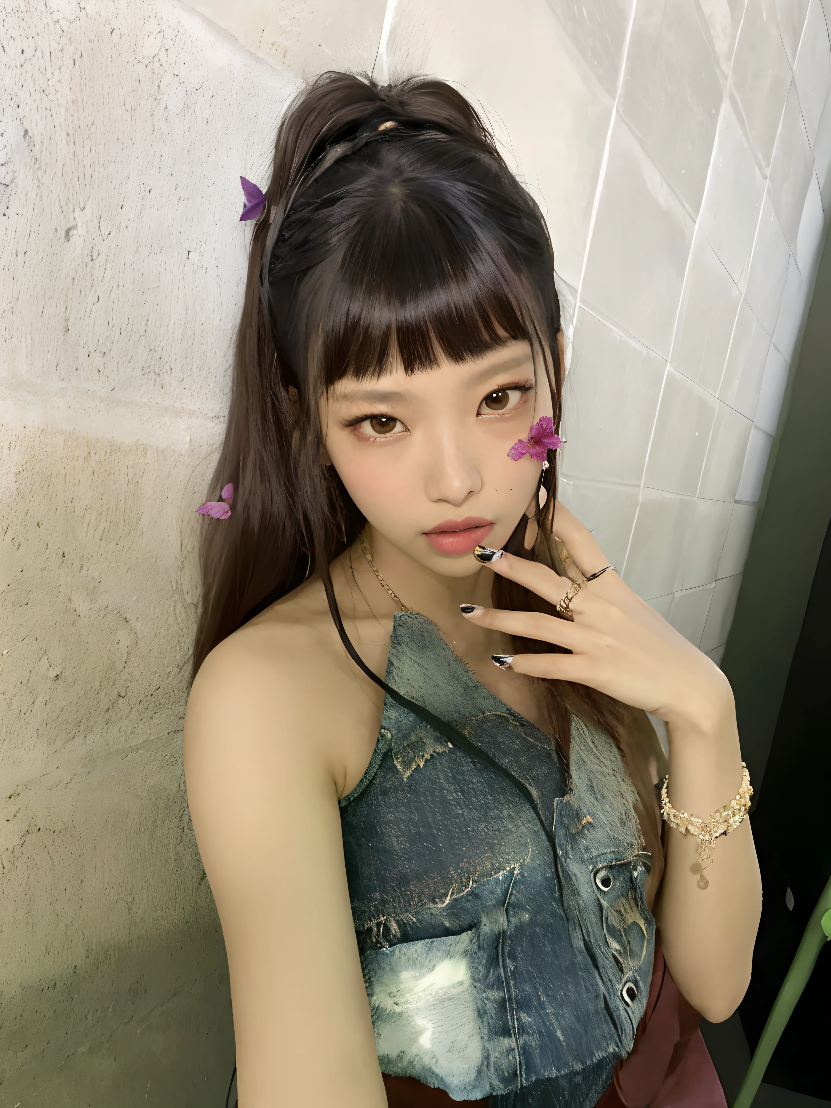 Arafed asian woman with a flower in her hair and a denim vest, Jossi de Blackpink, Chiho, Blackpink Jennie, El Corte Hime, Lalisa Manobal, Shikamimi, Parque Roseanne de Blackpink, Chiho Ashima, Kimi Takemura, por Ayami Kojima, Lalisa Manoban de Blackpink, con flequillo