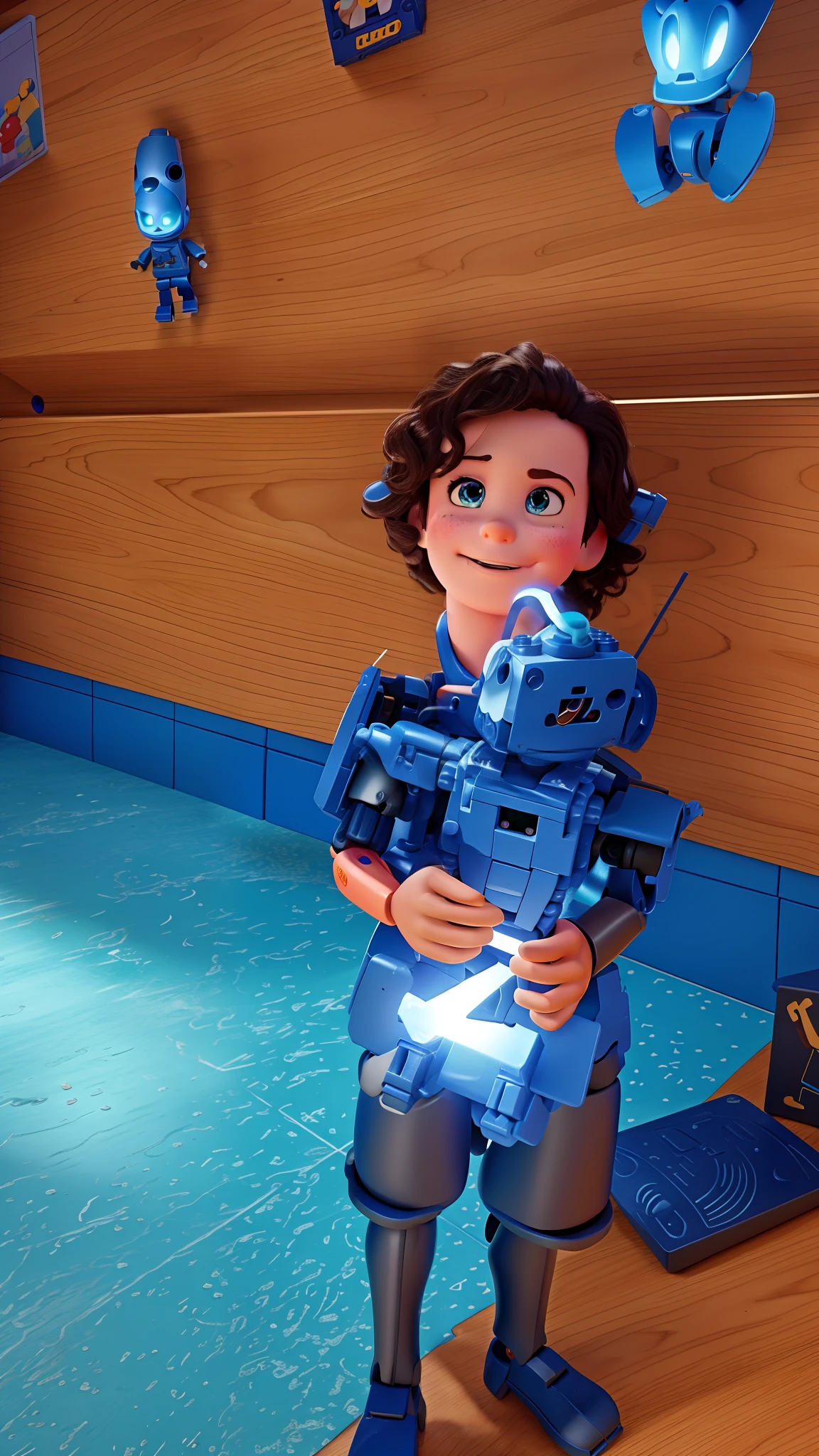 Disney Pixar Children's Style, Holding a LEGO robot in a classroom,