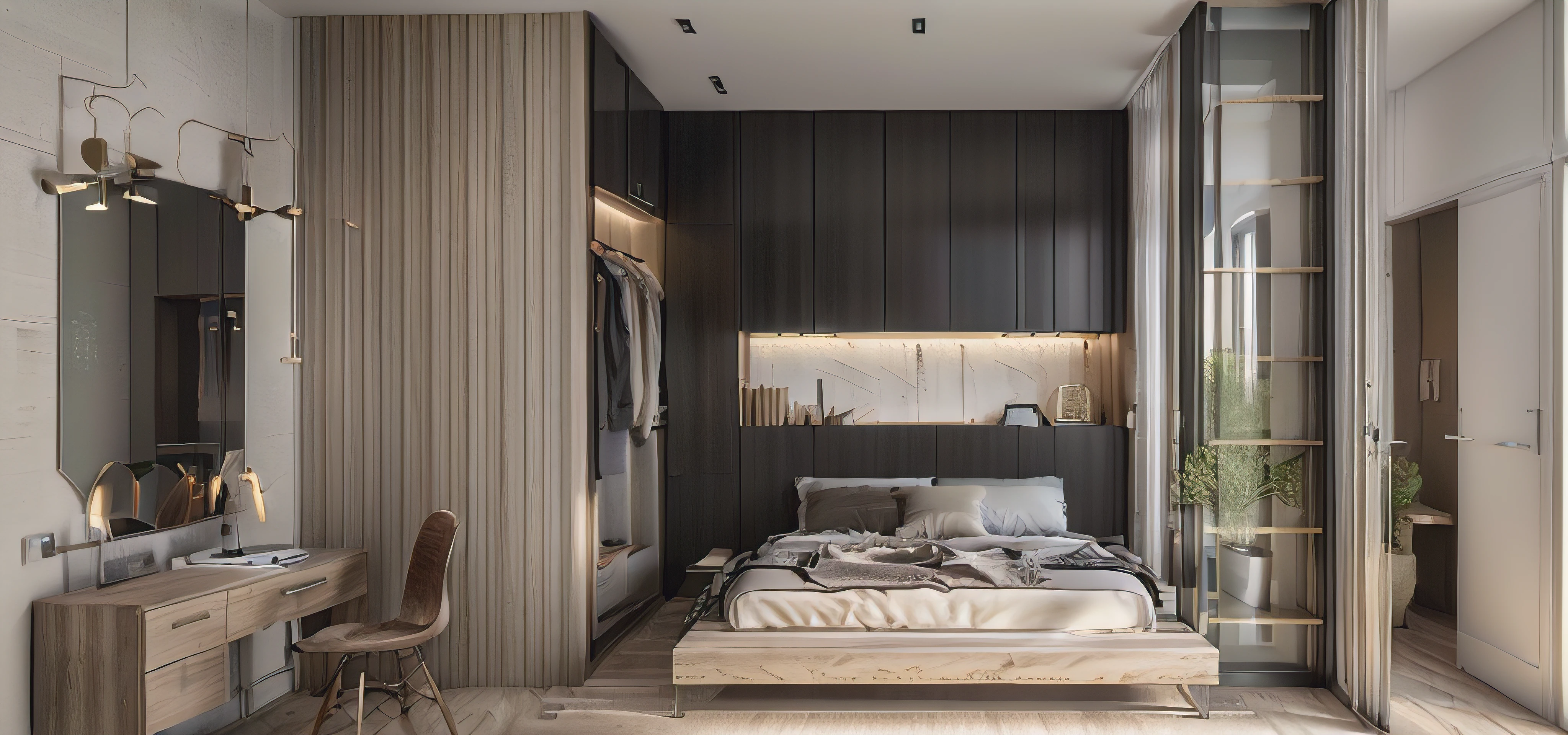 ((Best quality, 8k, Masterpiece :1.3)), Sharp focus :1.2, (exterior moder design: 1.3), (photo realisstic: 1.2), (hyperdetails: 1.2), sunset, bedroom, white wall , dynamic (RAW photo, real, best quality, masterpiece:1.2), detailed, (hyper realistic, photo-realistic:1.2), high quality, (dark lighting:1.2), perfect lighting, archdaily, floor wood, 1 chair, door room wood, door toilet glass, window glass and blind, 3d max render