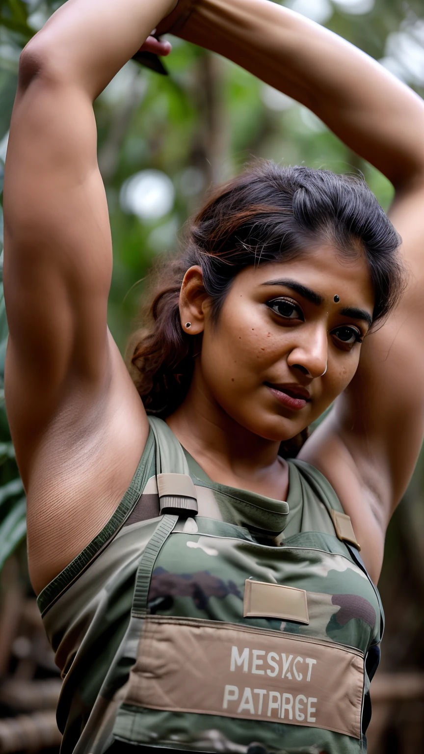 Face mix of Nayanthara and Manju Pathrose aka Manju Sunichen, Woman doing exercise, Highest quality, (dramatic lighting:0.7), masterpiece, high angle shot, RAW photo of (pale 45 year old military Special Force woman with short hair, mascular woman with heavy physique, looking up at the viewer), cute, Extremely sweat, (wearing sleeveless
square neck vest, thin cotton ), doing pulls up on horizontal bar in a military camp in jungle, portrait, perfect face, alluring eyes, vivid detail, (highly detailed skin), freckles, sfw, (blue tint:0.6), (dirty:0.8), (bloody:0.7), key lighting, (backlighting:0.5), medium depth of field, photographed on a Canon 5D, 50mm lens, F/4 aperture, (hyperdetailed, intricate details), sharp focus, muted colors, 8k, absurdres, 8mm film grain, war photography