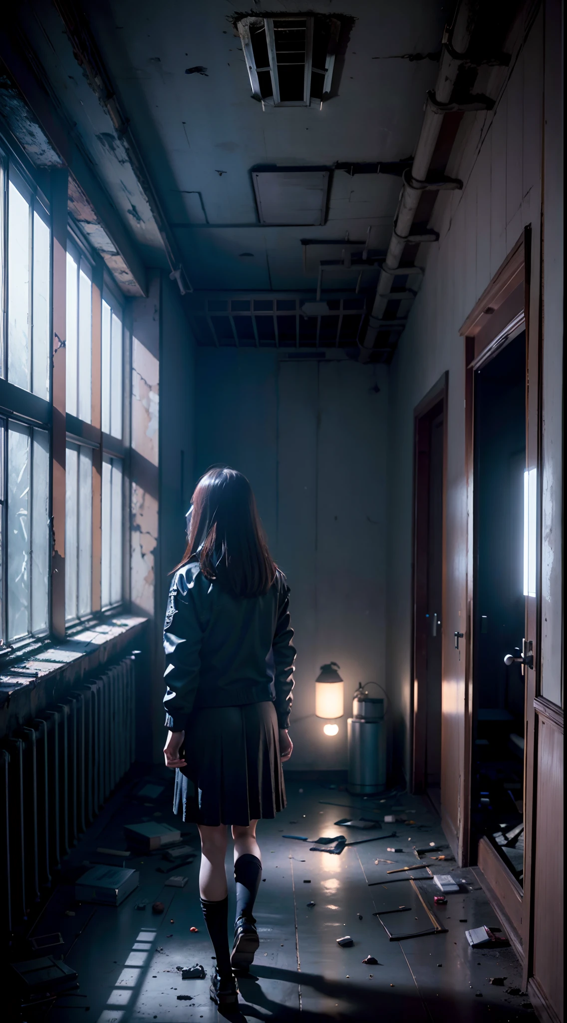 (Best Quality, ​masterpiece), (Inside an abandoned university), K-Horror Art, Rooms have large windows, high contrast cinematic lighting, The Silence of Unbridled Death, Dramatic atmosphere, Full Moon Night, Person with flashlight.