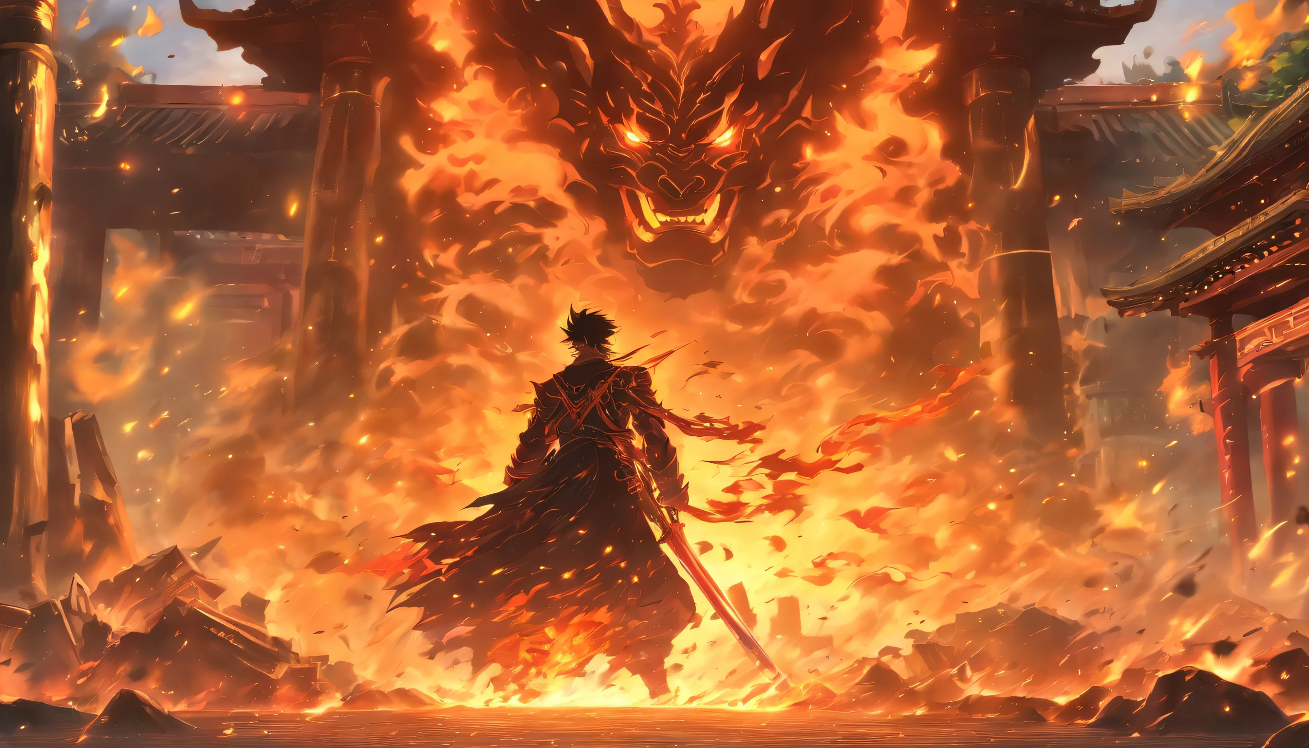 /imagine prompt: A furious man standing in front of an abandoned demon temple, gripping the hilt of his sword with determination in his eyes, surrounded by dilapidated buildings and burning flames symbolizing the cruelty and danger of the battle, ,32k, best quality, masterpiece, super detail, high details, by Makoto Shinkai ,in the style of the stars art group xing xing, --niji 5"