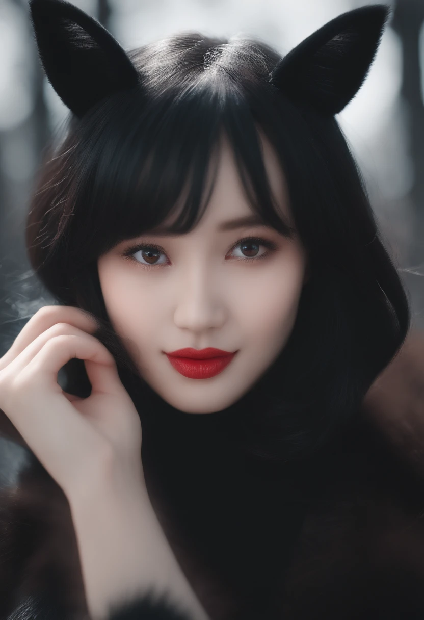 black hair, hair bobbles, wince, longeyelashes, solid circle eyes, fake animal ears, light smile, ear blush, fang, Surrealism, drop shadow, anaglyph, stereogram, tachi-e, pov, atmospheric perspective, 8k, super detail, ccurate, best quality