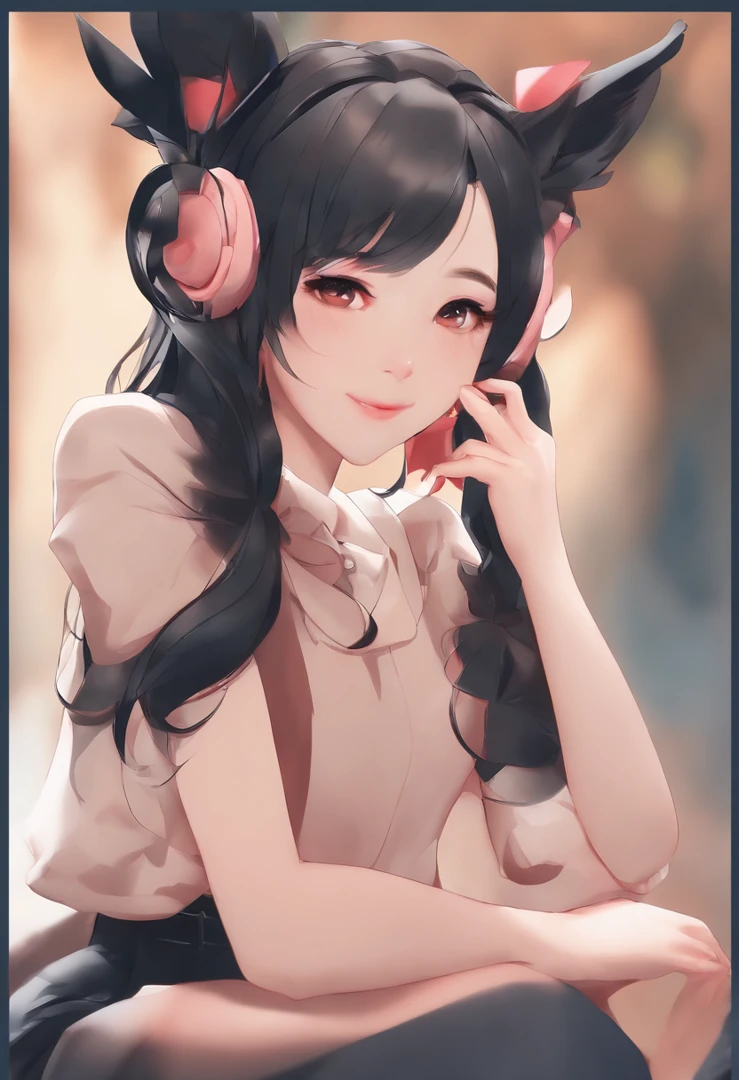 black hair, hair bobbles, wince, longeyelashes, solid circle eyes, fake animal ears, light smile, ear blush, fang, Surrealism, drop shadow, anaglyph, stereogram, tachi-e, pov, atmospheric perspective, 8k, super detail, ccurate, best quality