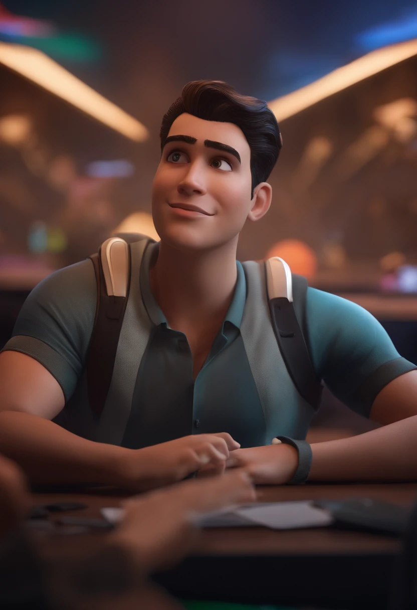 A financial education student with futuristic dreams, mas realista, inspired by Pixar animation, de perto. The character takes center stage with captivating facial expressions, oferecendo um toque de irrealidade.